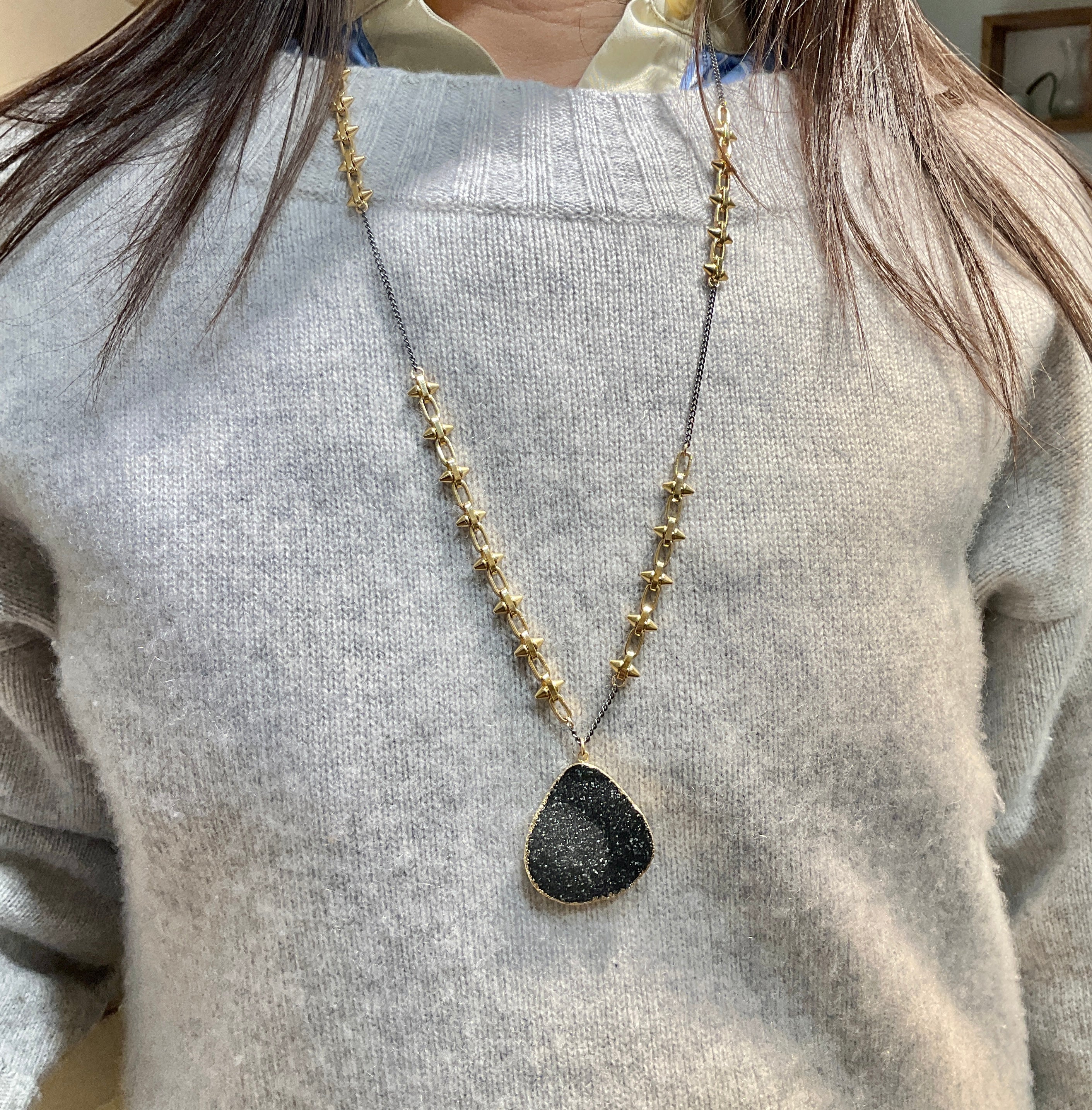 Black Druzy Pendant Spike Chain Mixed Metal Necklace