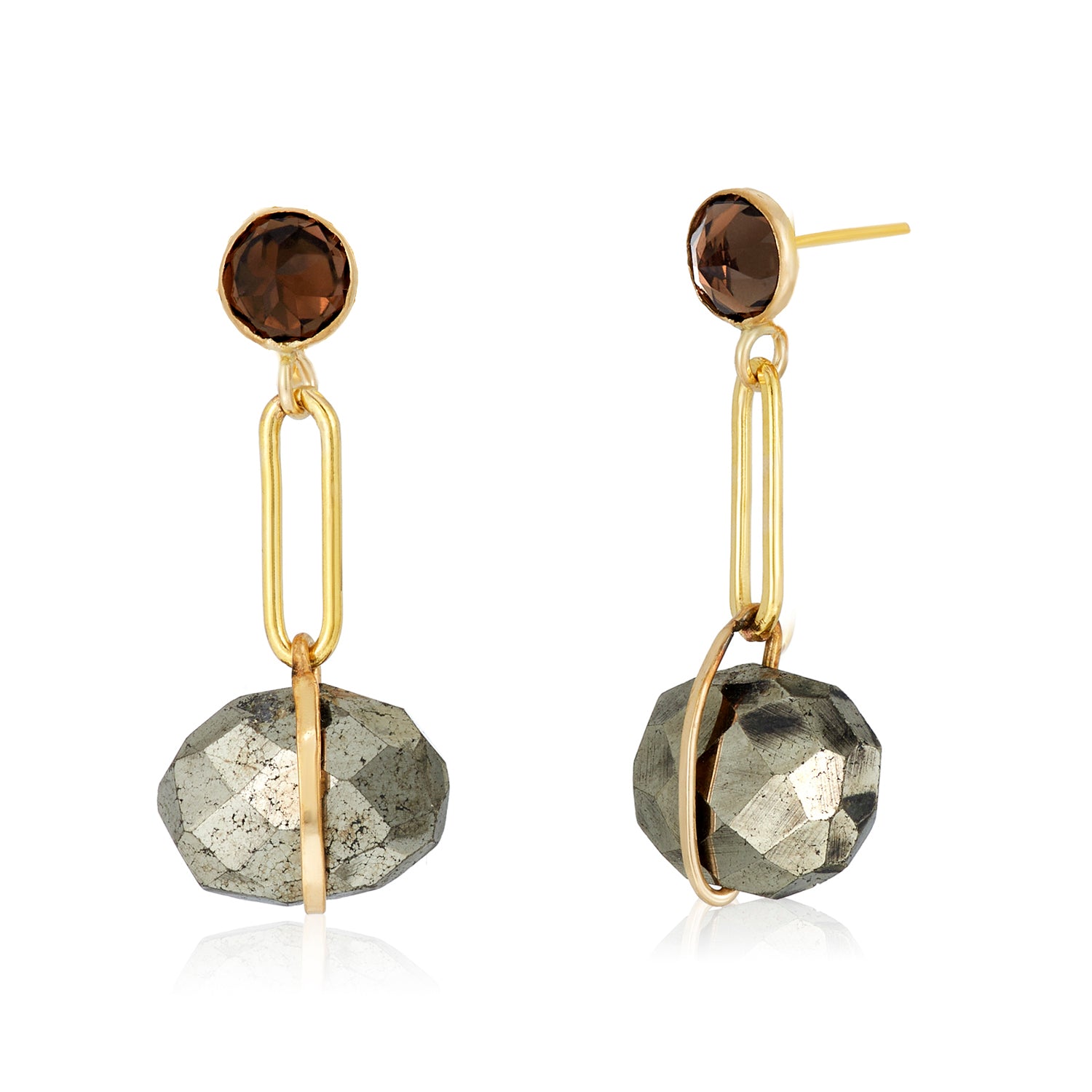Pyrite Link Smokey Quartz Post Earrings