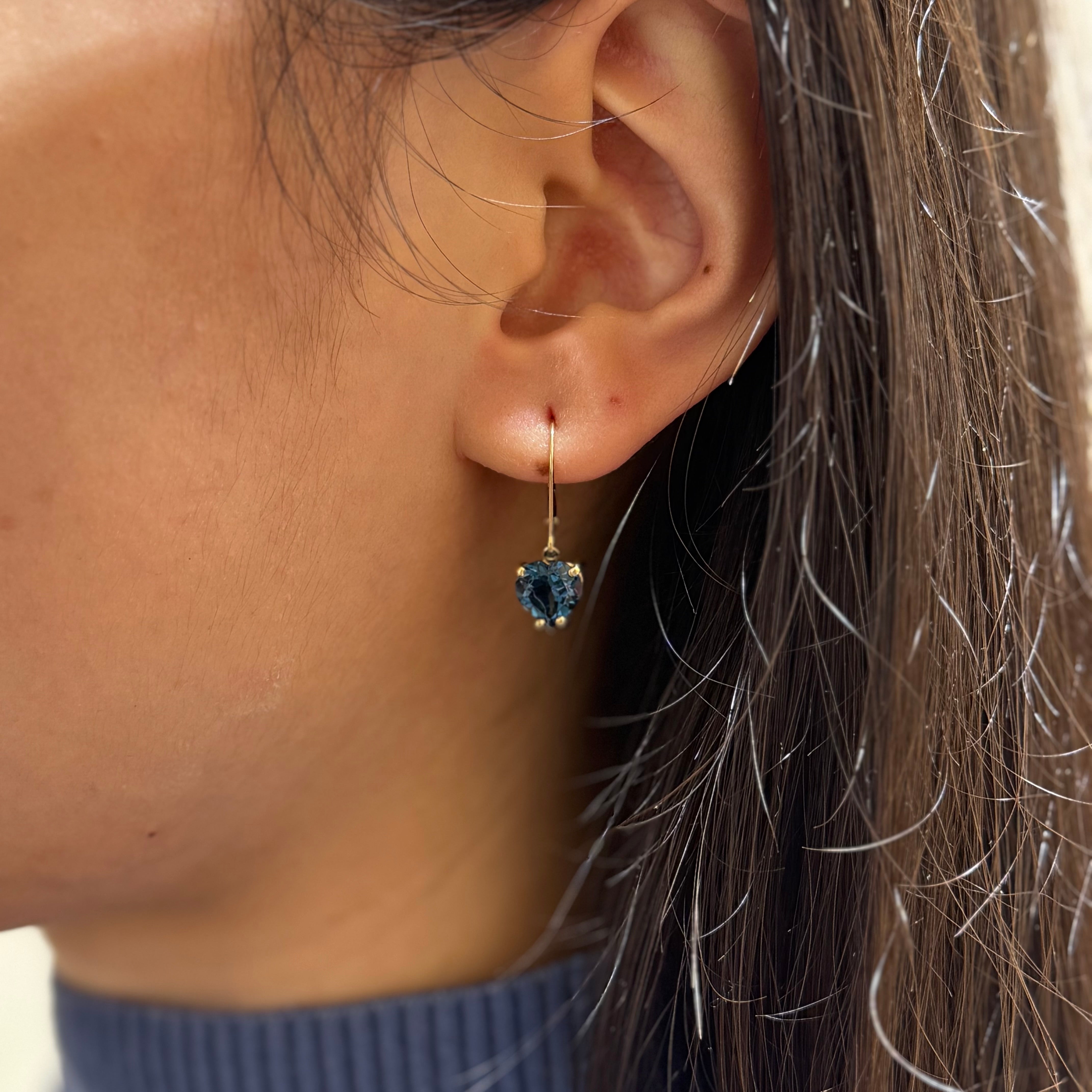 Hearty London Blue Earrings with Lever back in 14k