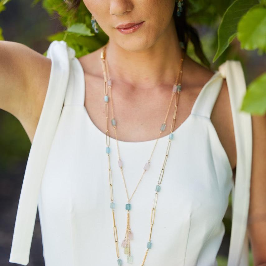 Gem Paperclip Necklace - Aquamarine Or Watermelon Tourmaline