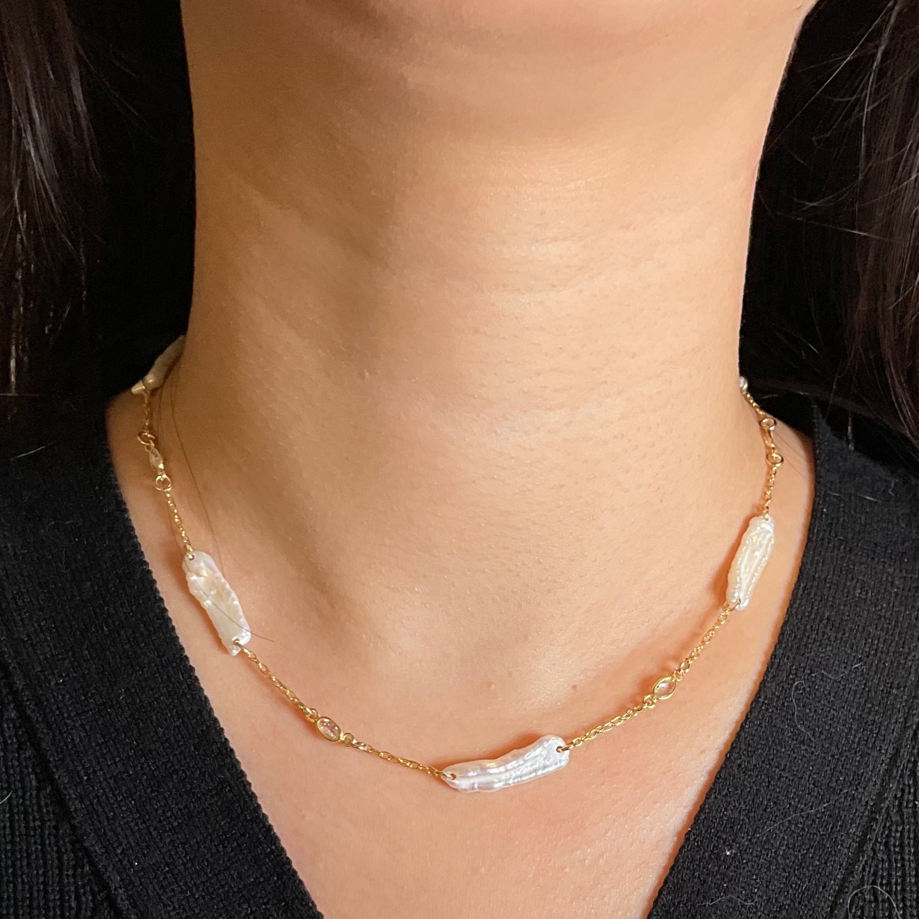 Biwa Pearl and CZ Necklace - Short