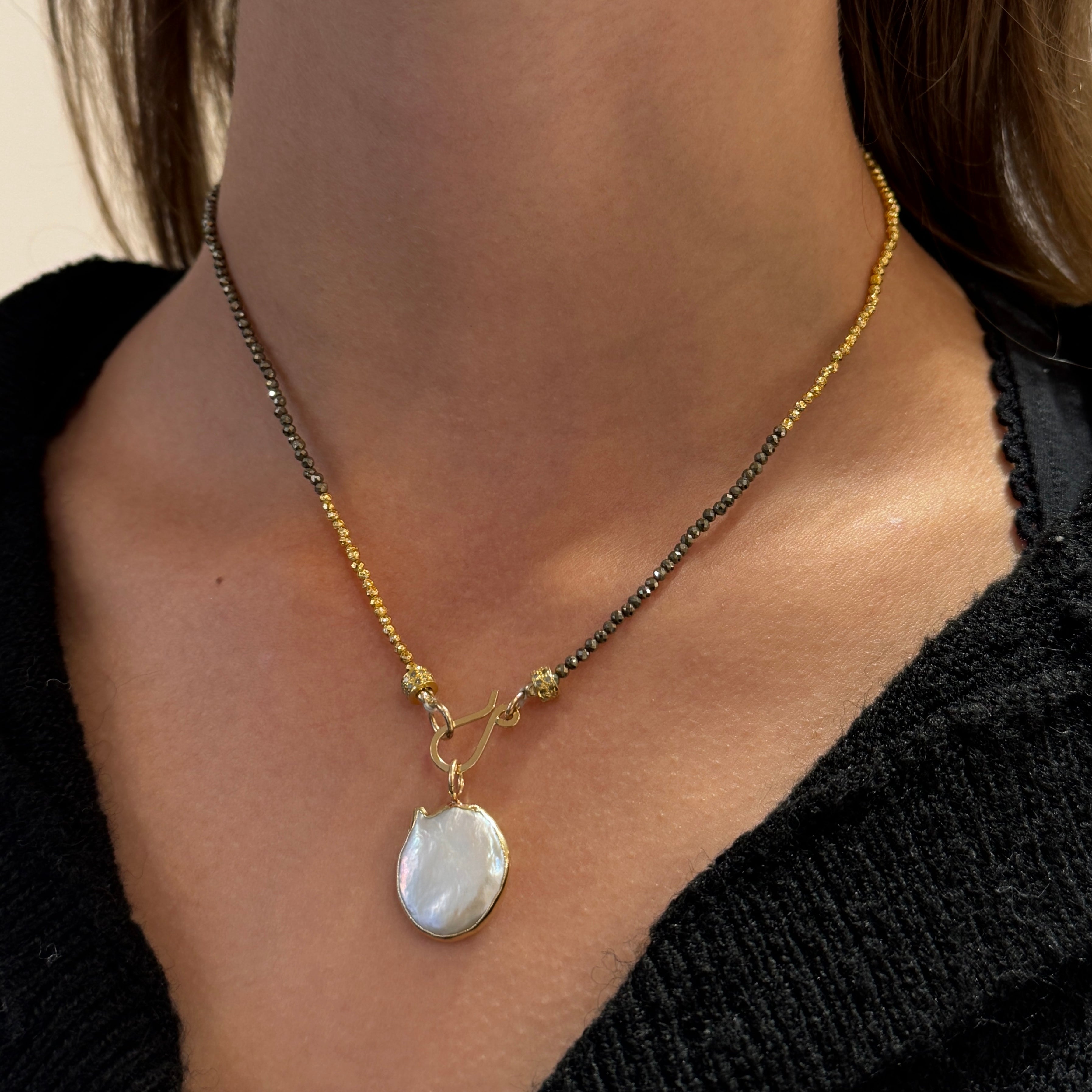 Golden Mixed Pyrite With Pearl Pendant Necklace