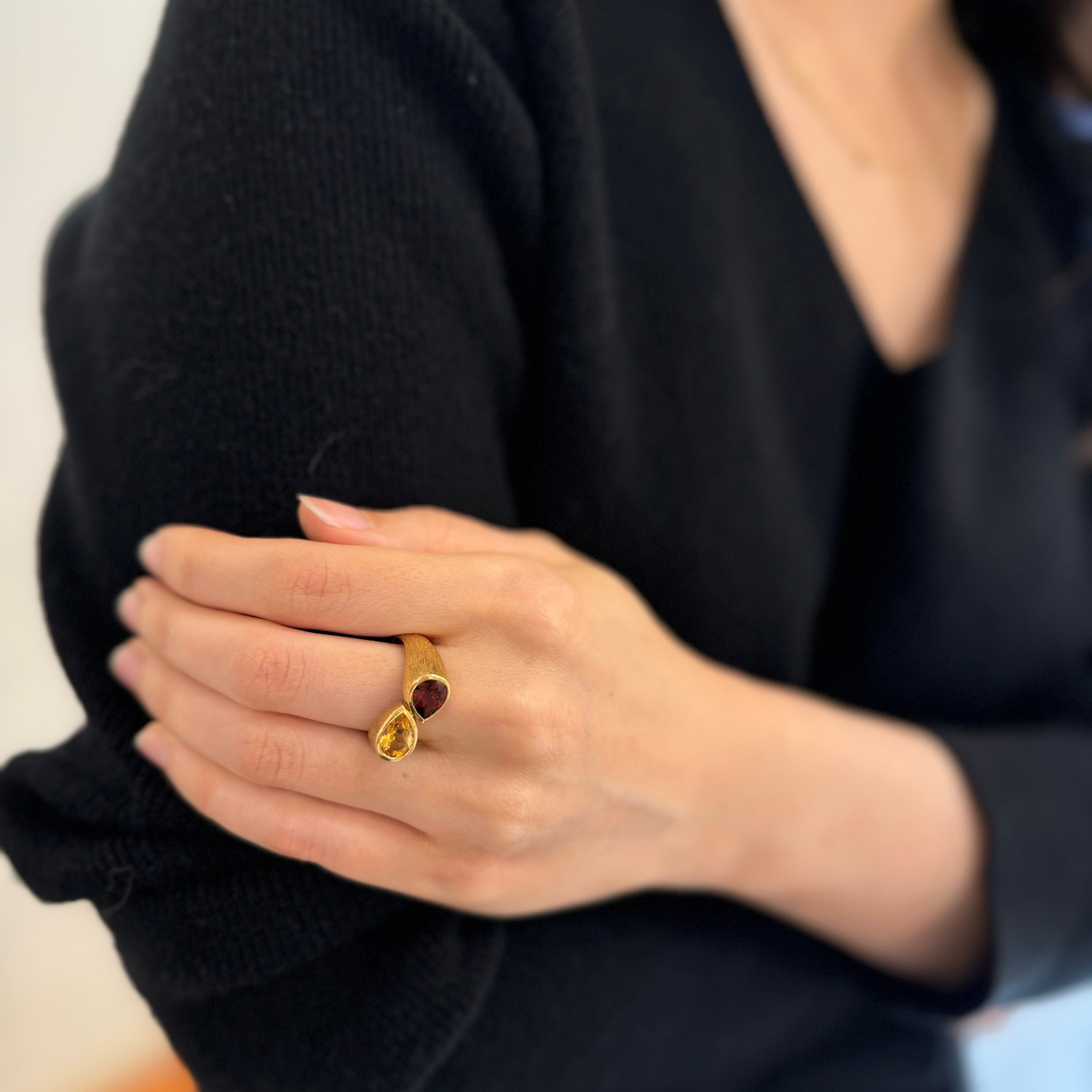 Garnet Citrine Bypass Ring In 18k