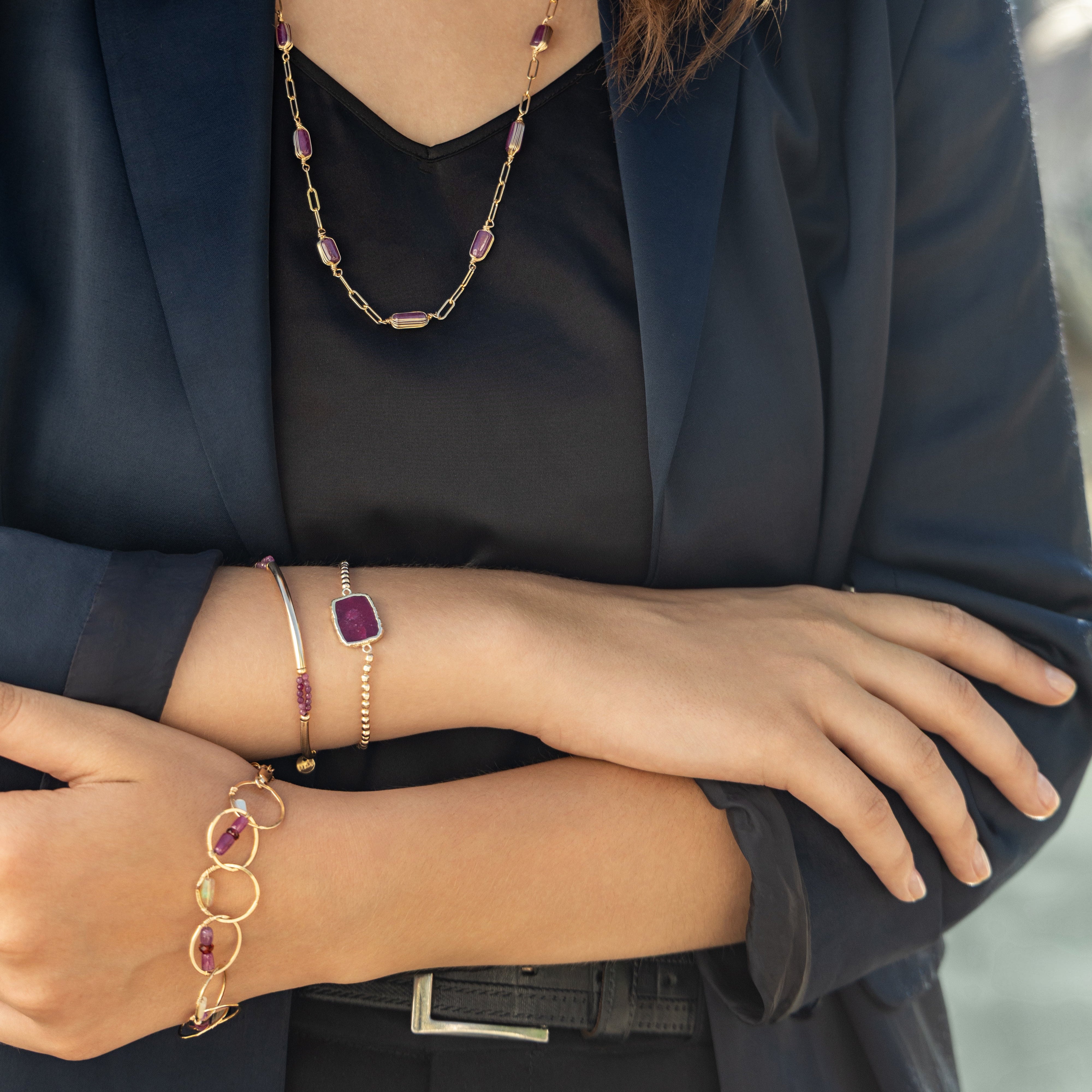Gem Slab Gold Beads Stretchy Bracelet