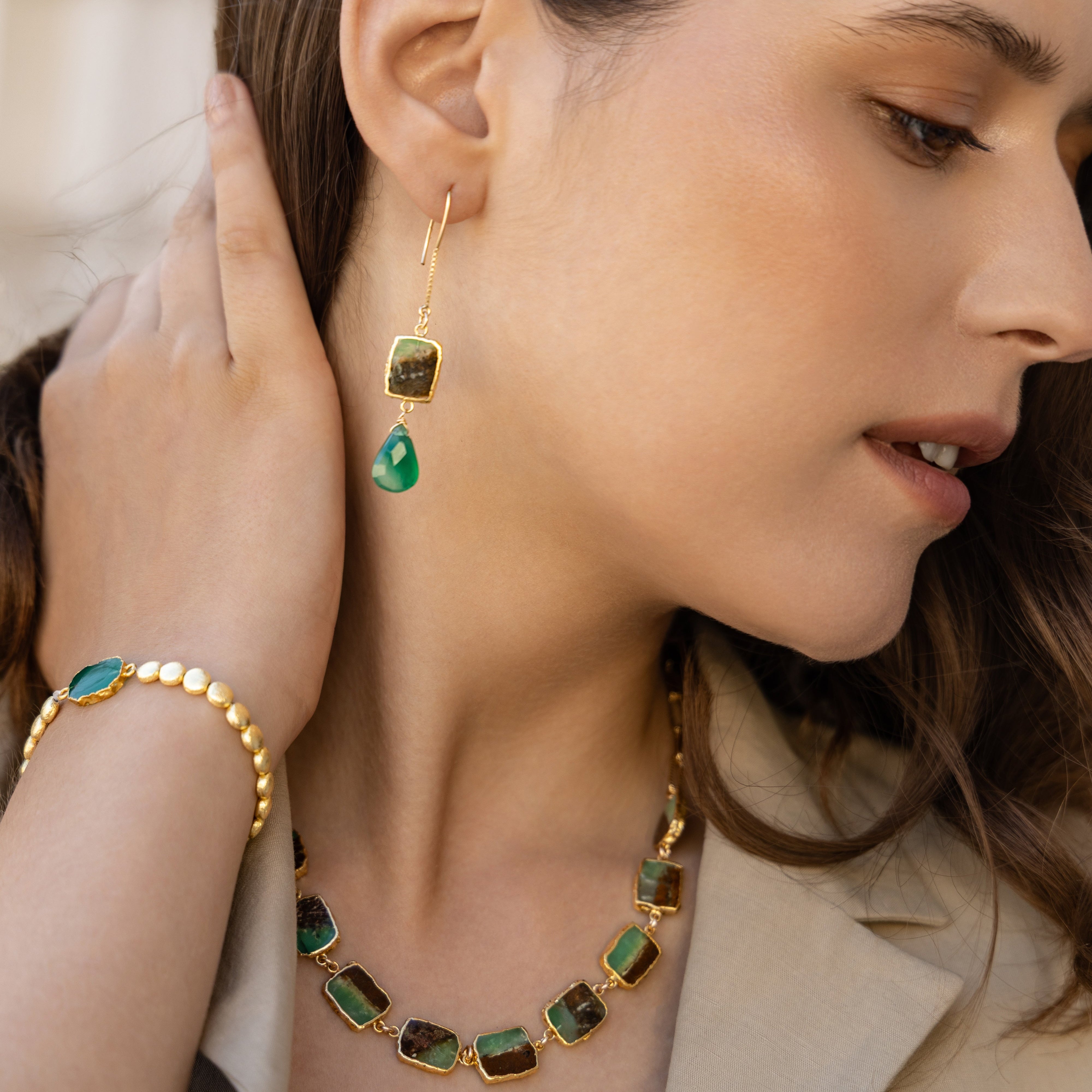 Gem Slab Gold Beads Stretchy Bracelet