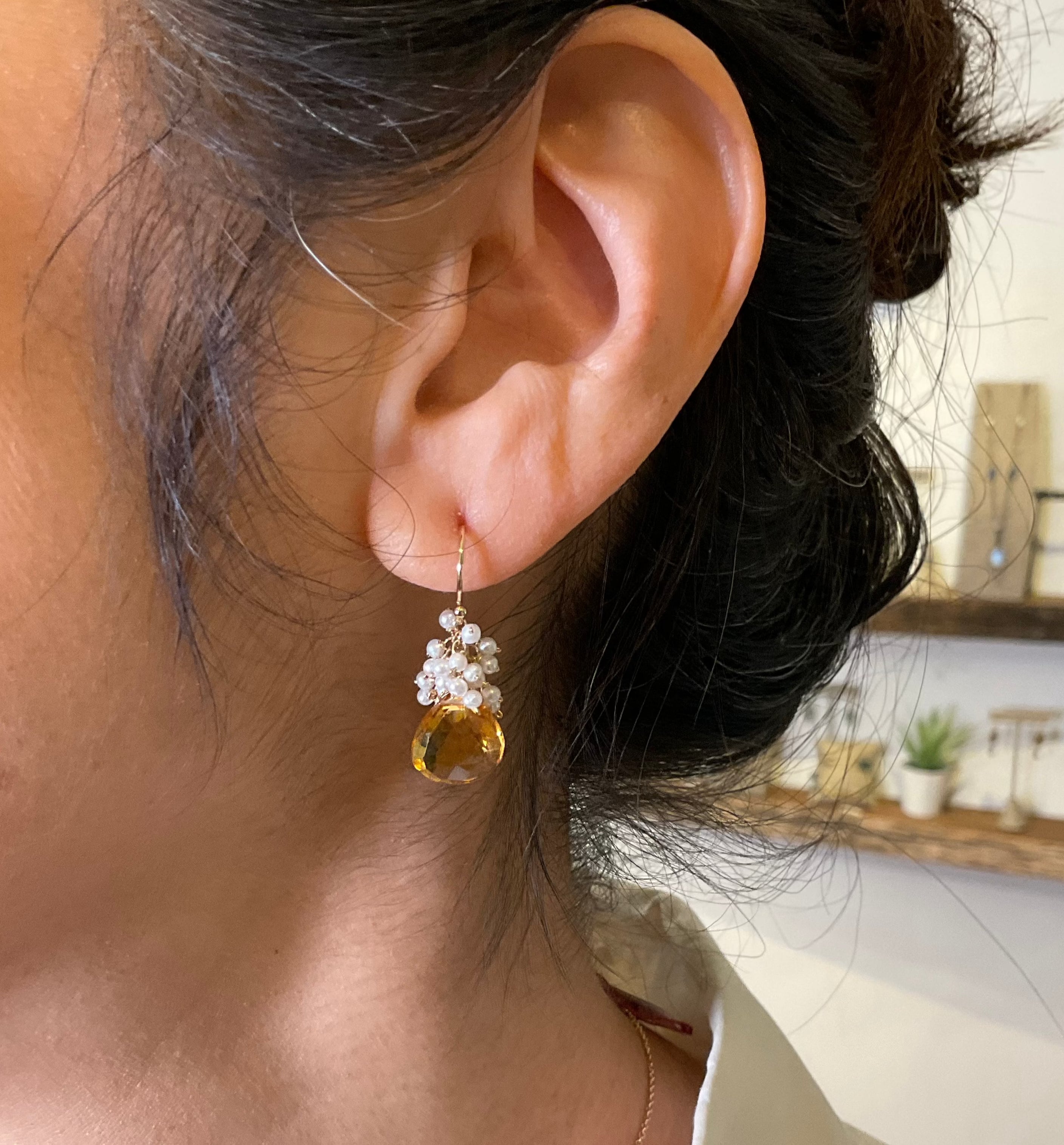 Pearl Cluster Gem Drop Earrings in 14k