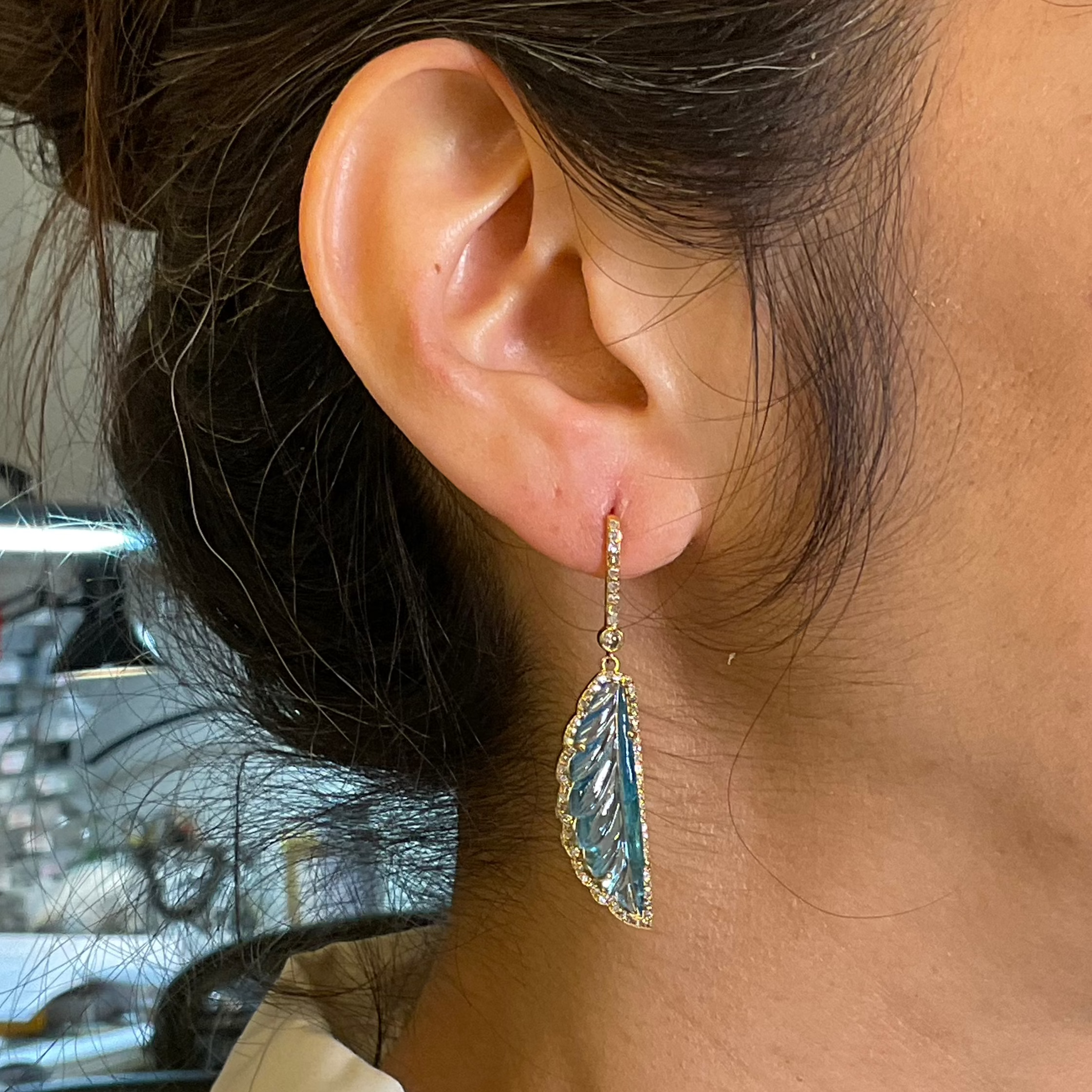 Blue Topaz Diamond Leaf Earrings