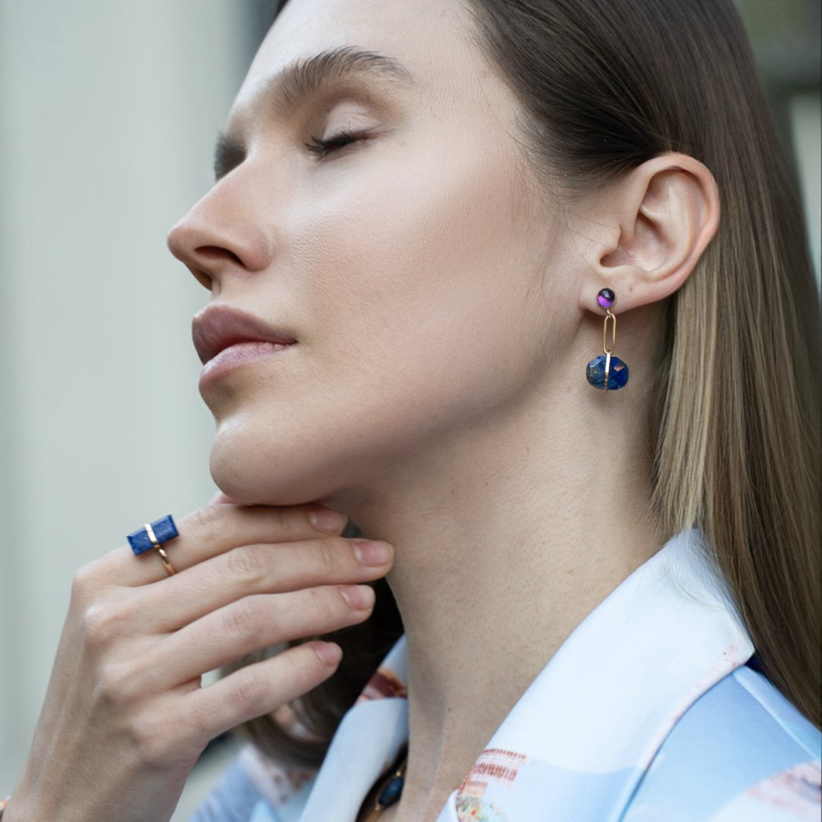 Rectangle Lapis Gold Wired Ring