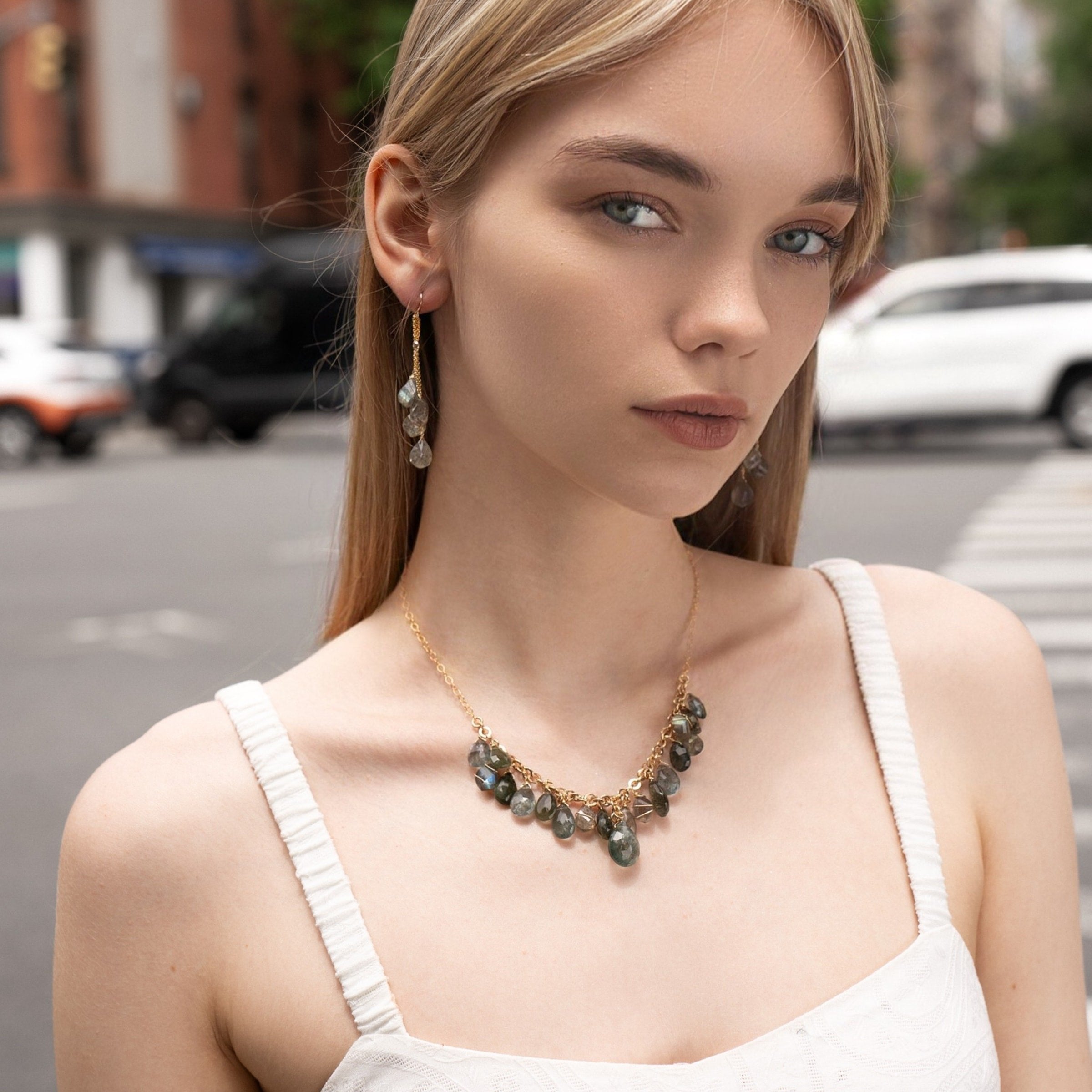 Tumble-cut Gem Drop Dangly Earrings