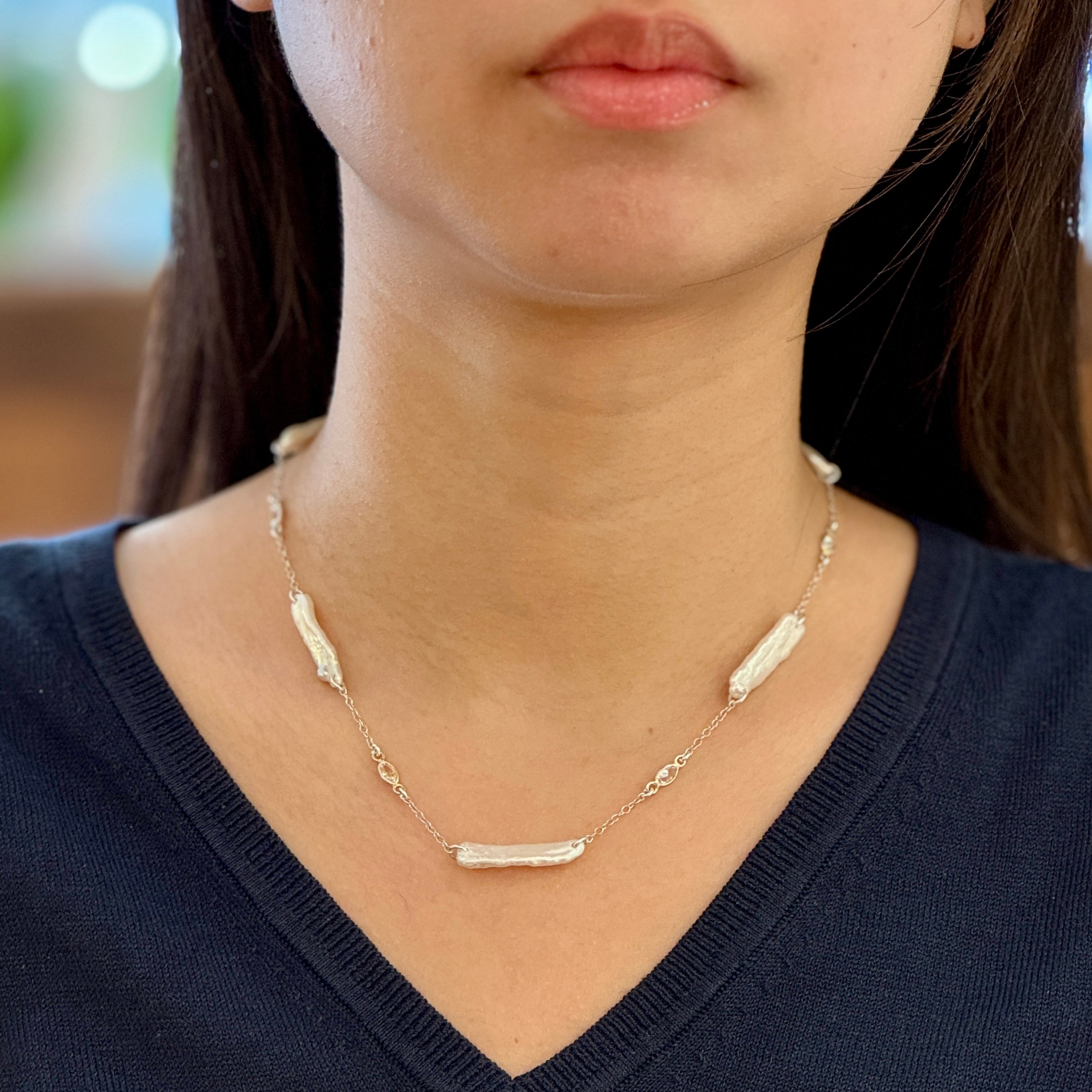 Biwa Pearl and CZ Necklace - Short