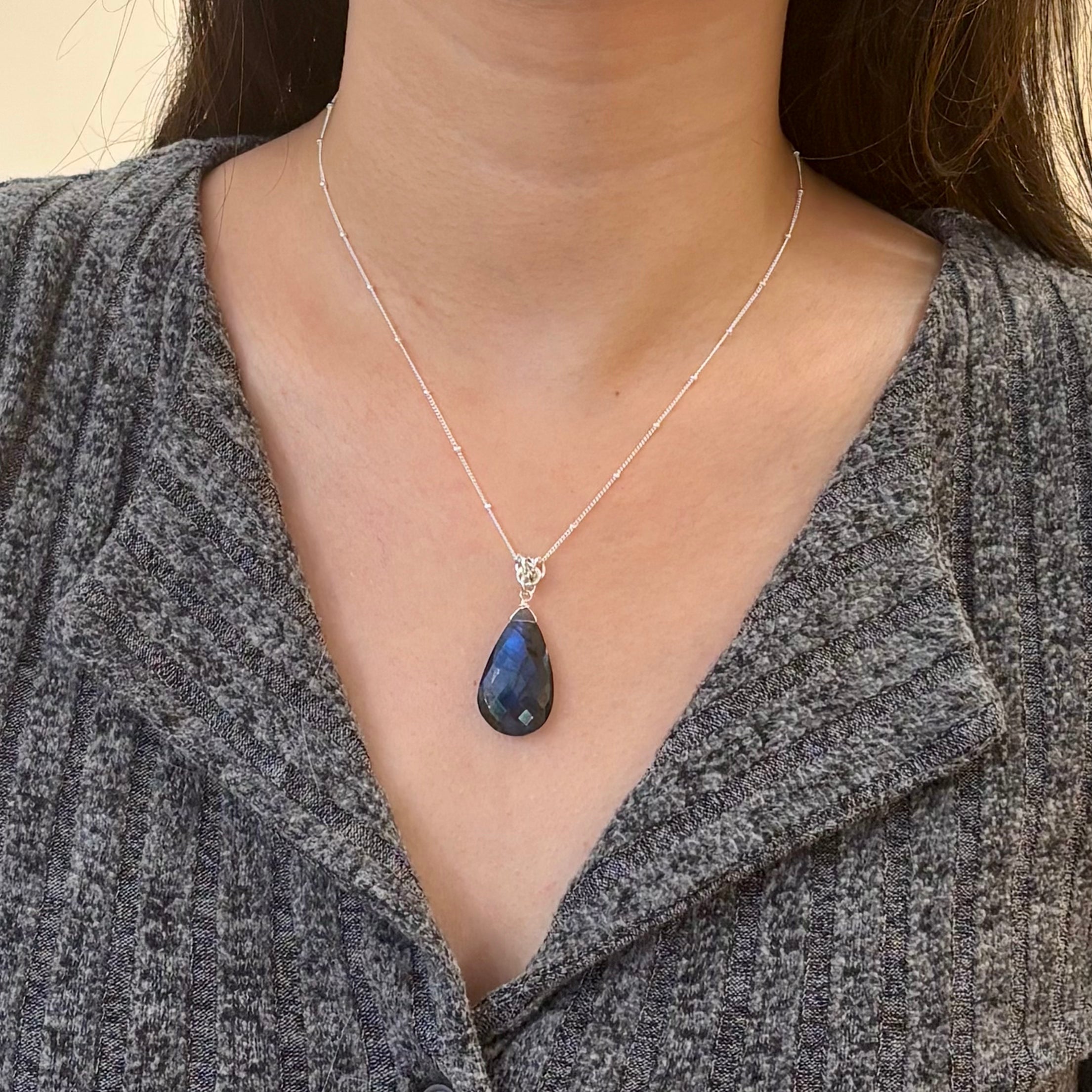 Labradorite Pear on Sterling Silver Necklace