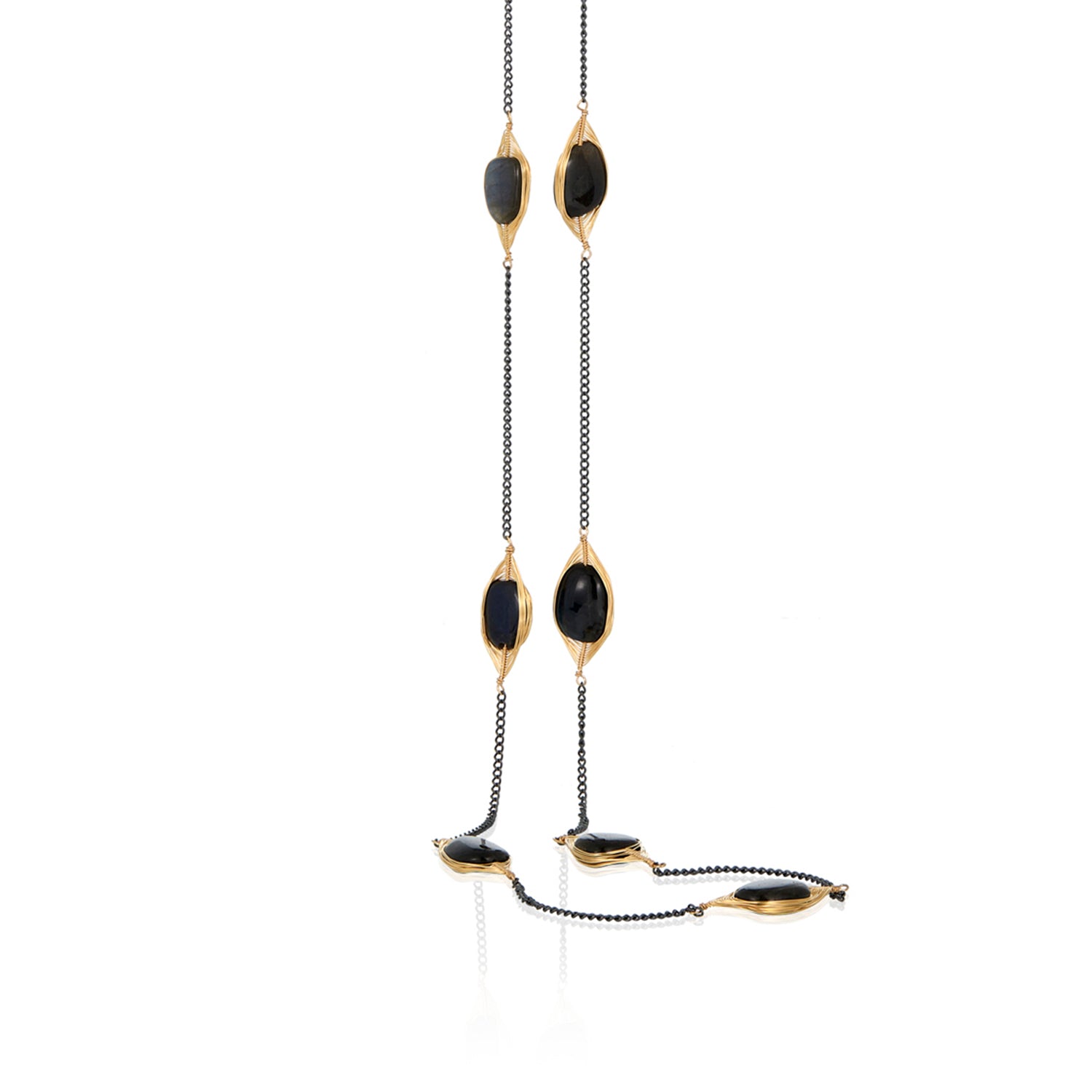 Labradorite Wrapped Oxidized Silver Long Necklace
