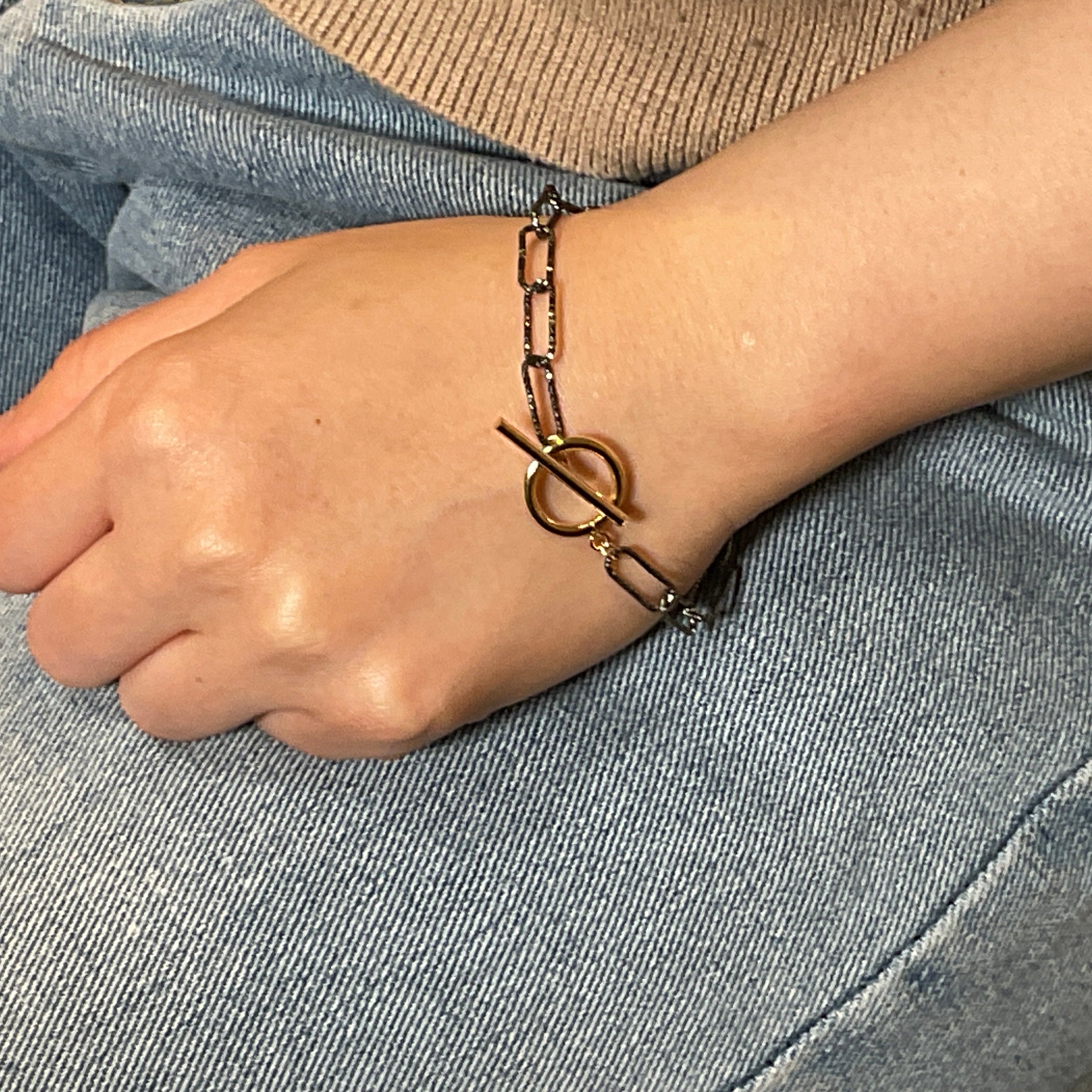 Mixed Metal Paperclip Toggle Bracelet