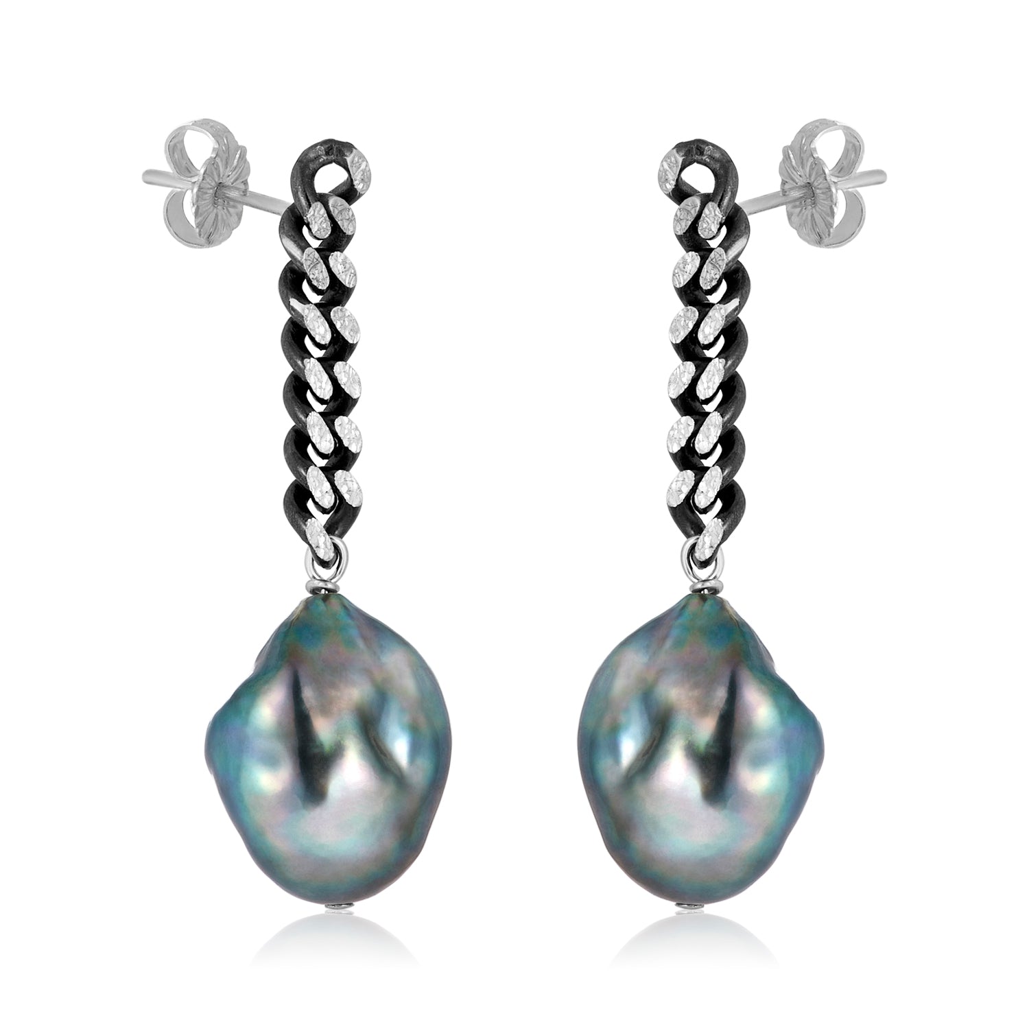 Curb Chain Post Pearl Drop Earrings