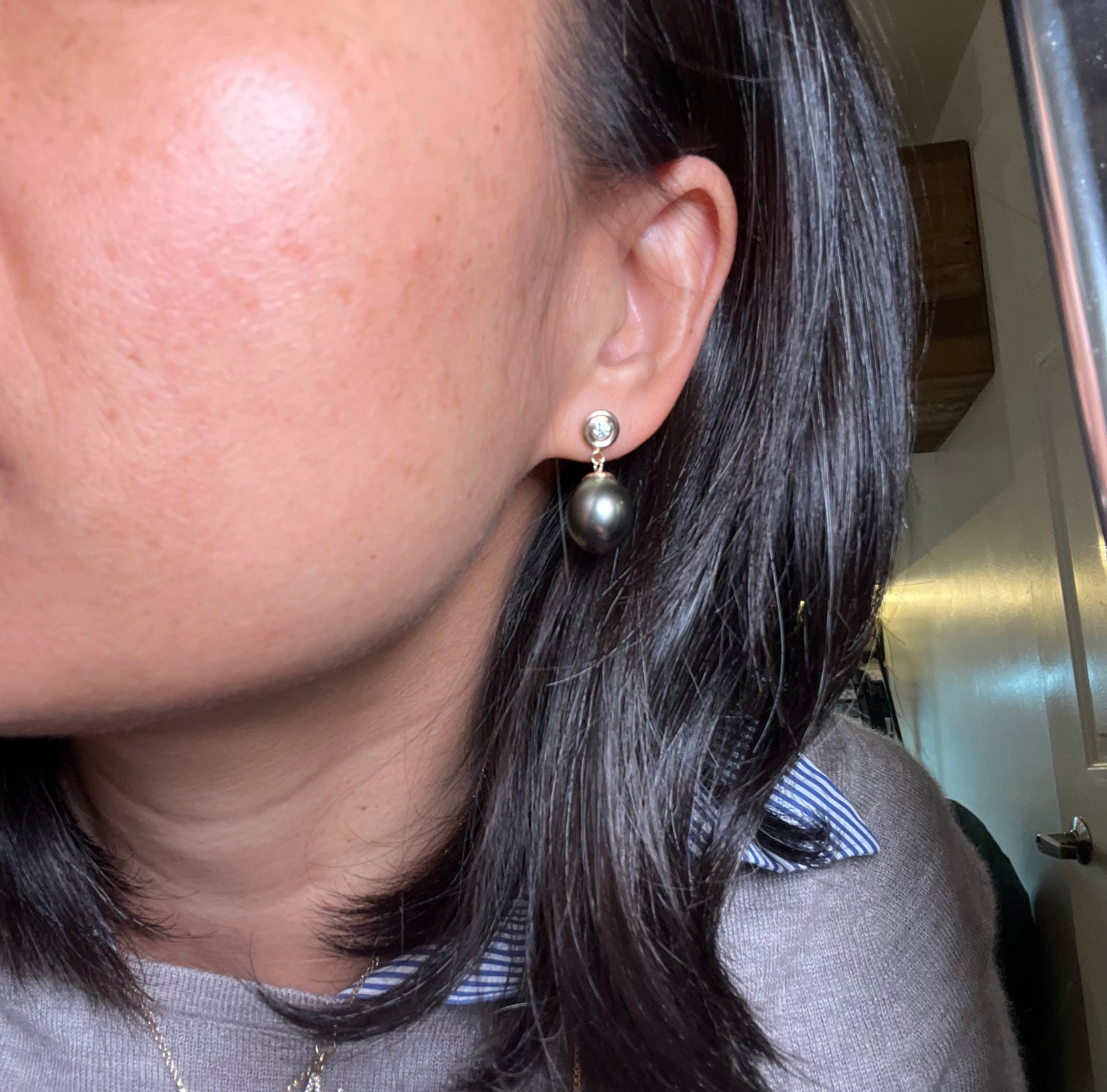 Diamond Bezel Pearl Drop Studs Earrings
