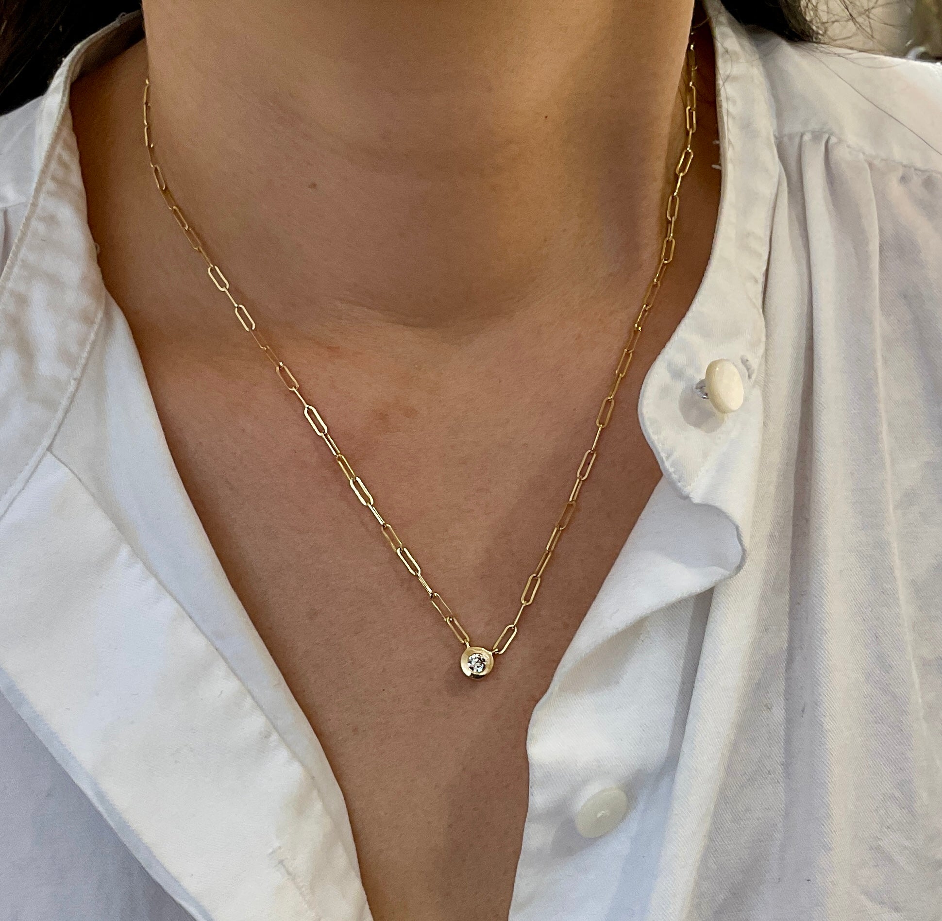 Mini Diamond Bezel Paperclip Necklace 14k