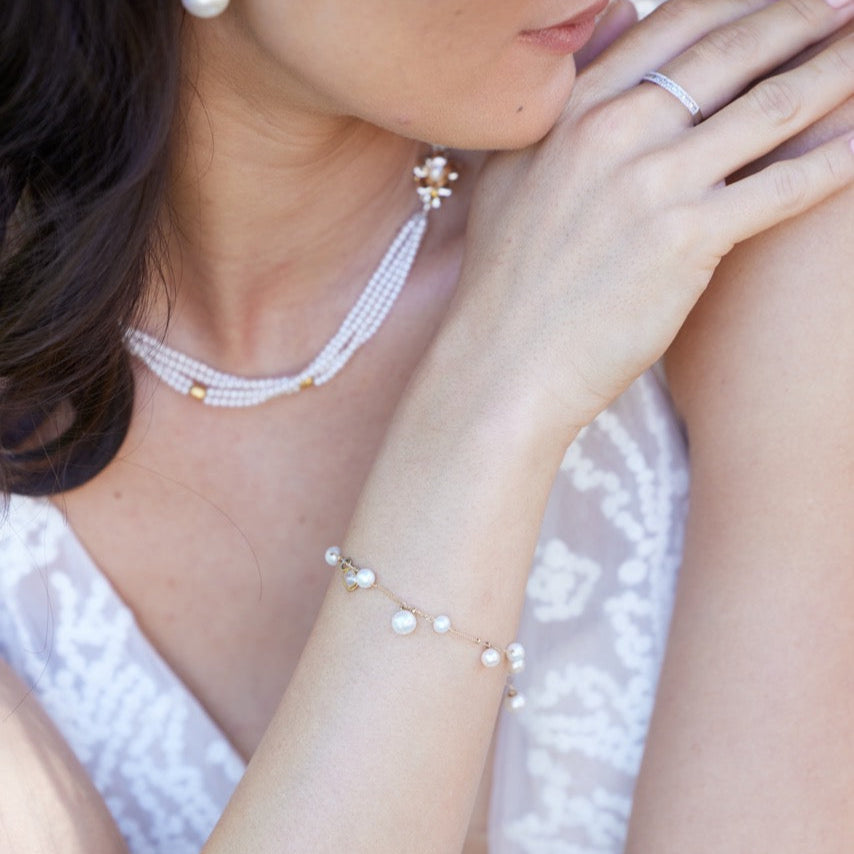 Dangle Diamond Pearls Bracelet in 14k
