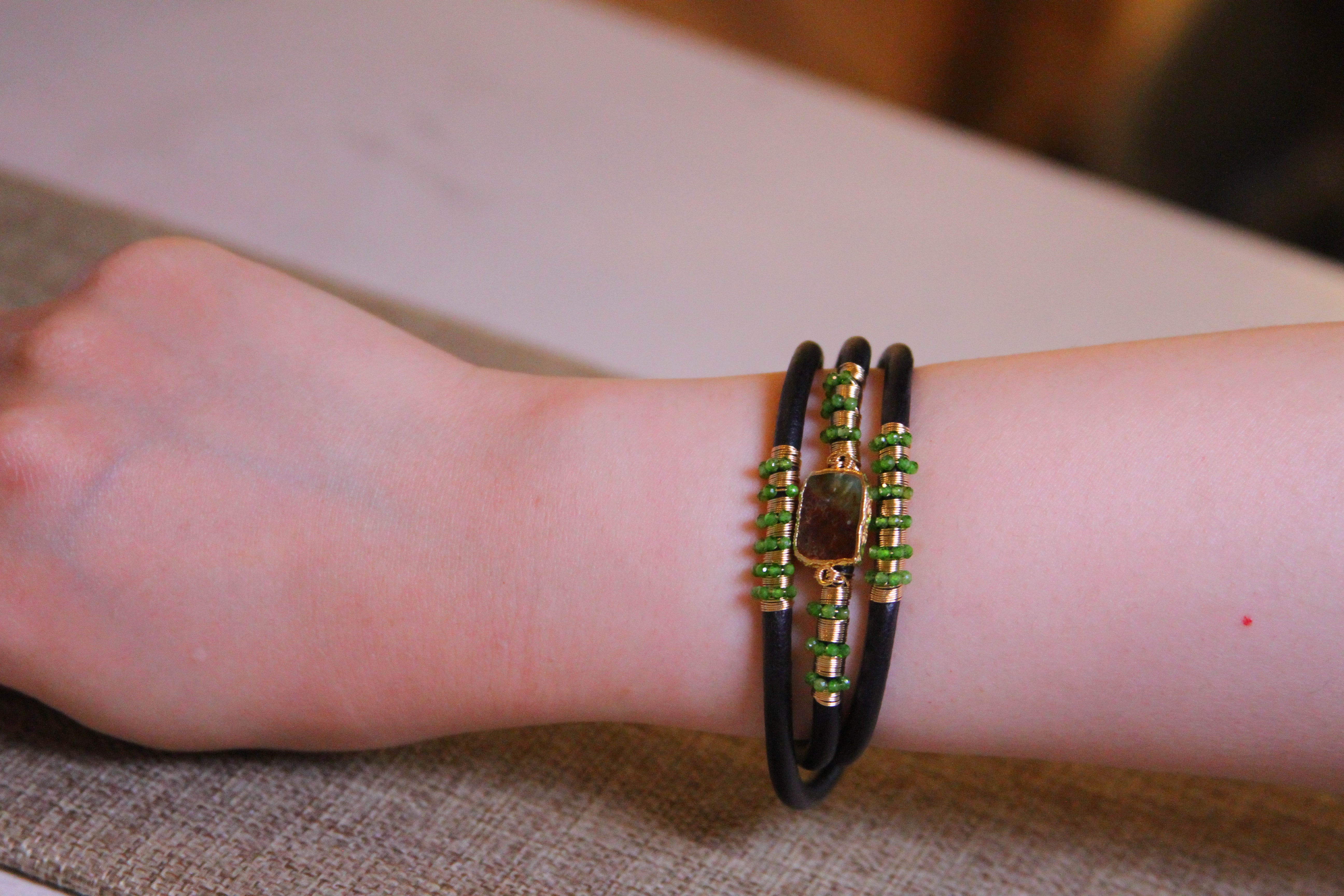 Chrysoprase Triple Black Leather Bracelet