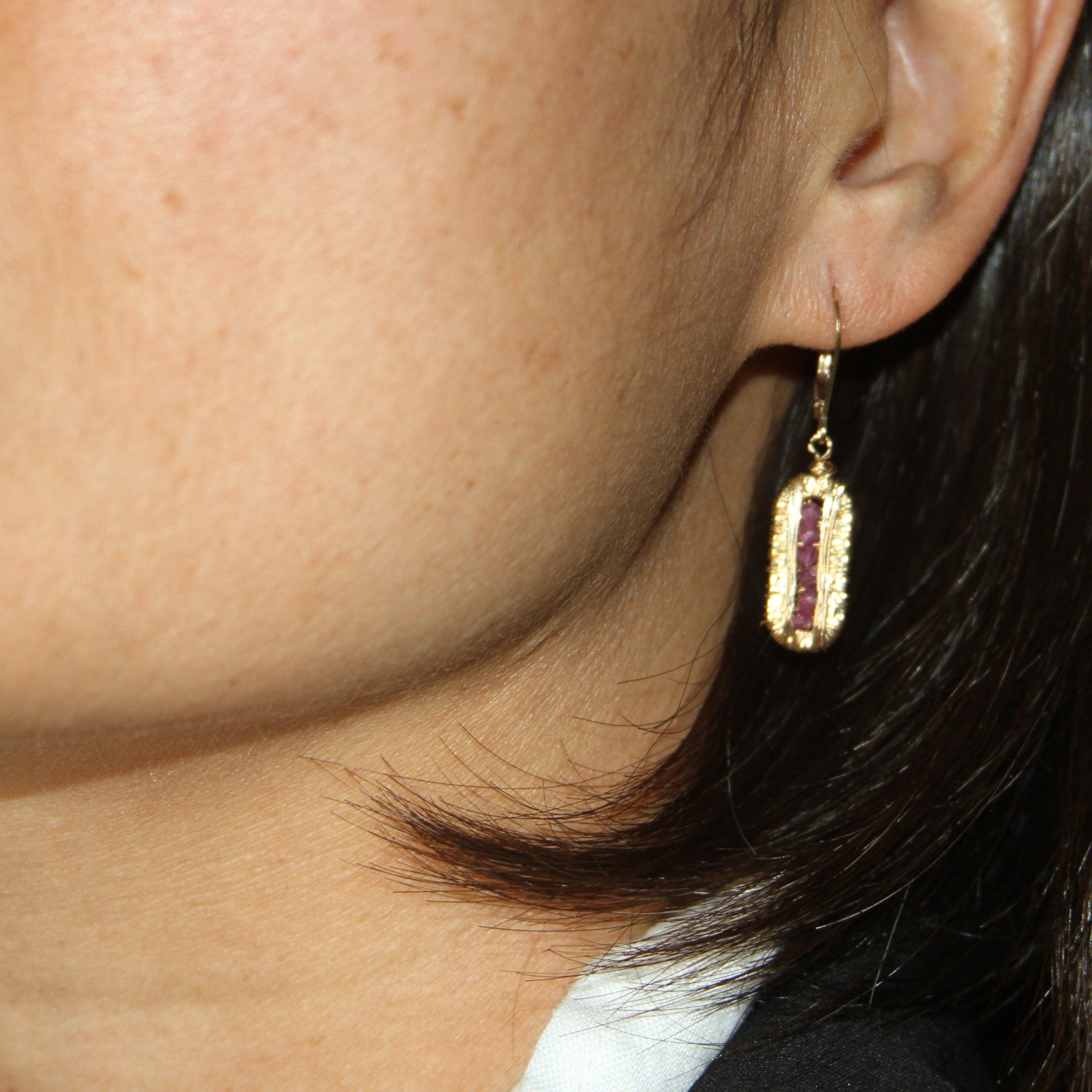 Gold Wired Frame Ruby Or Opal Earrings