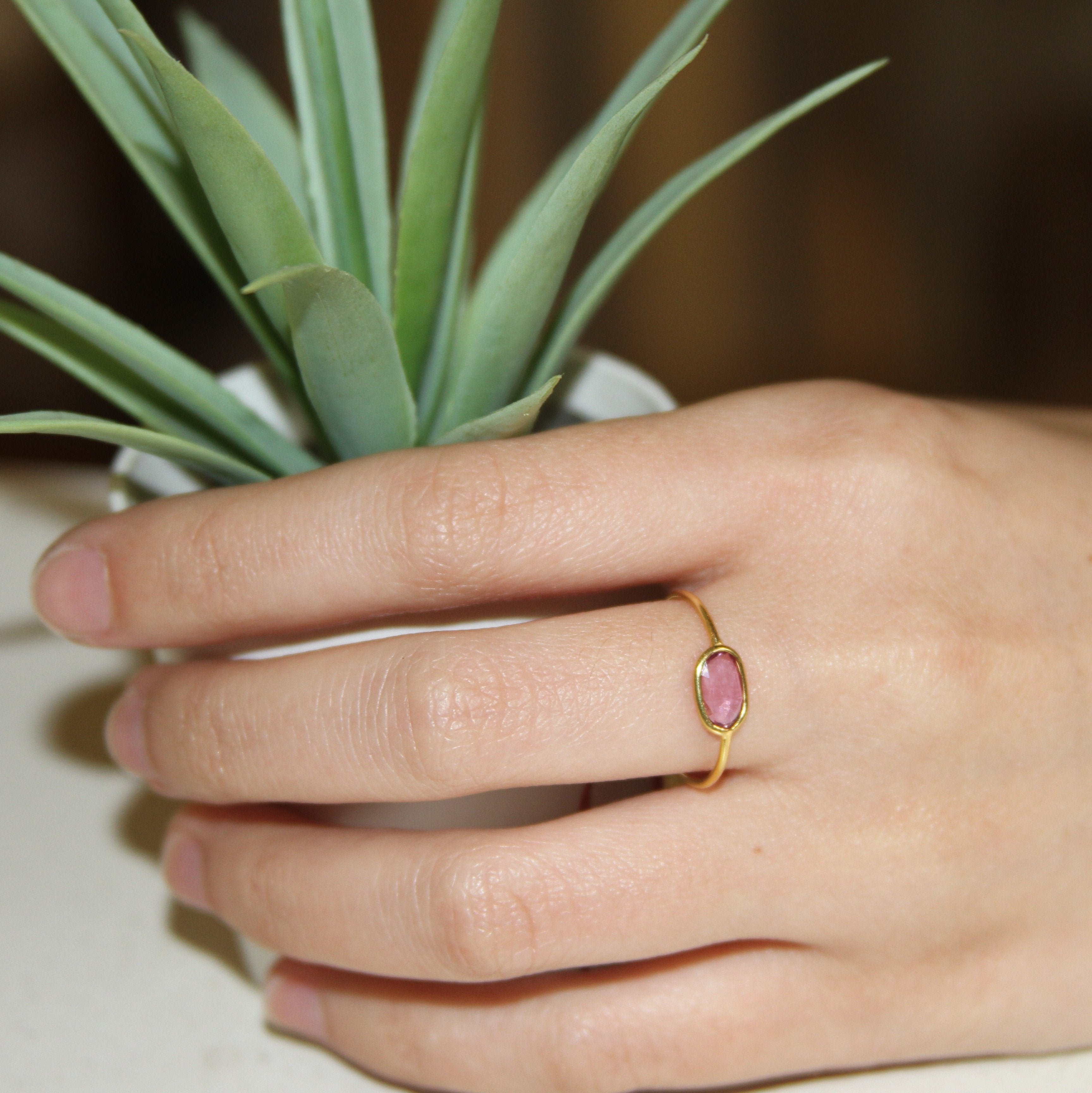 Oval Bezel Pink Or Blue Sapphire Ring In 14K