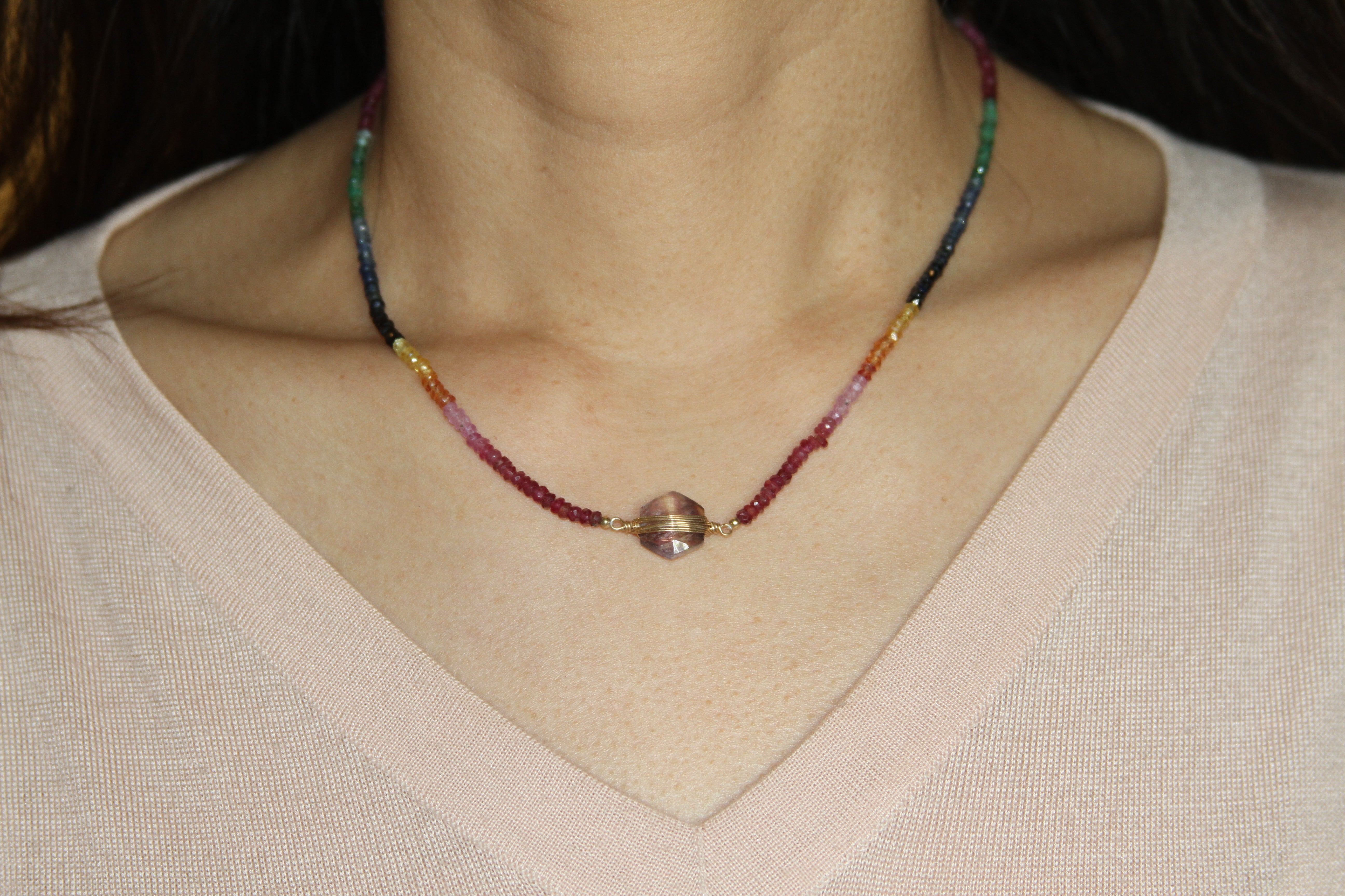 Rosy Rainbow Hexagone Gem Necklace
