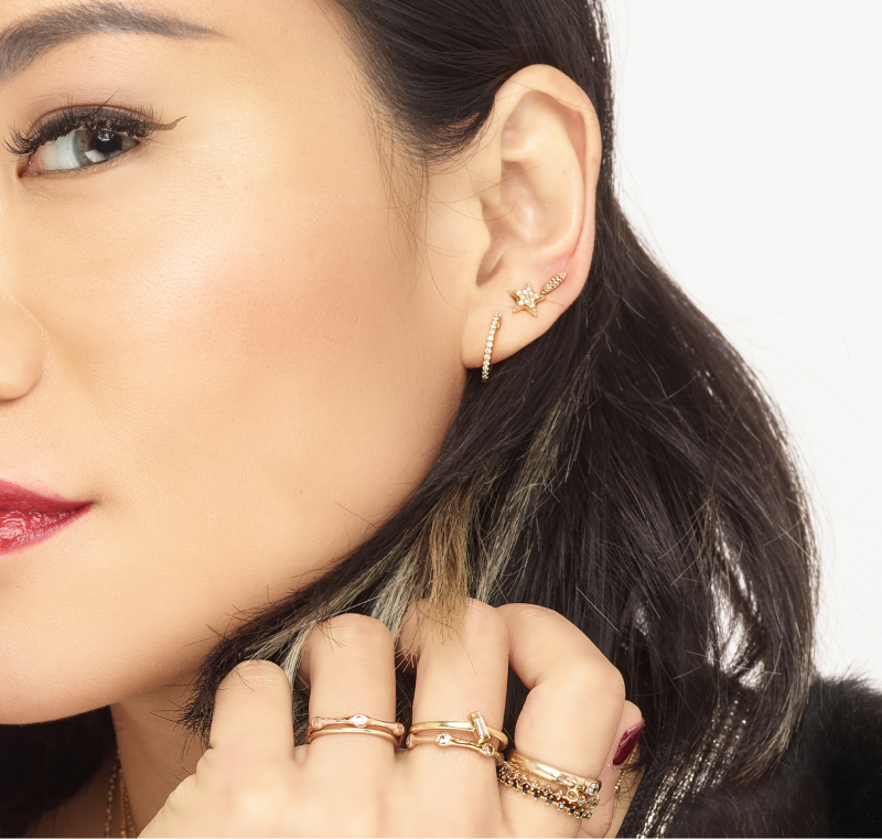 Small Diamond Huggie Thin Hoops 14K