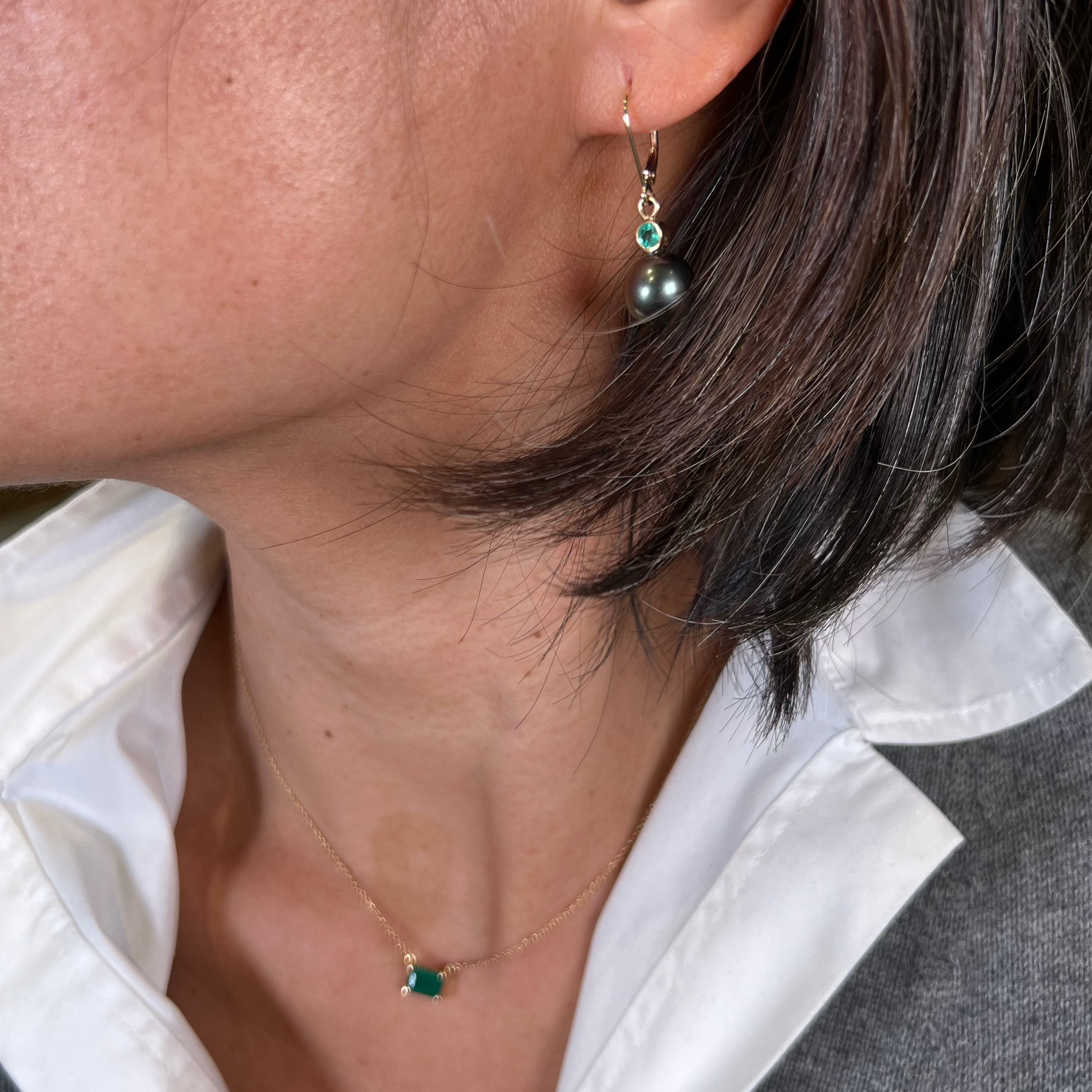 Tahitian Pearl Emerald Bezel Earrings