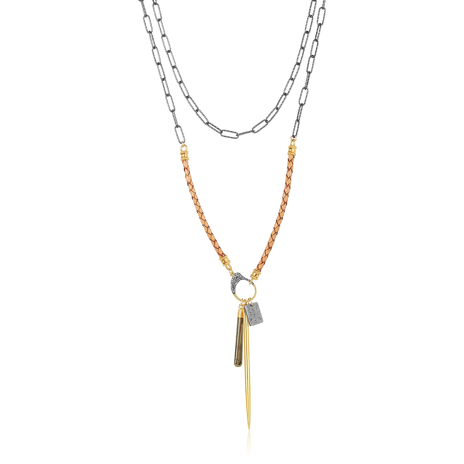 Diamond Cuff Paperclip Long Necklace with Charms