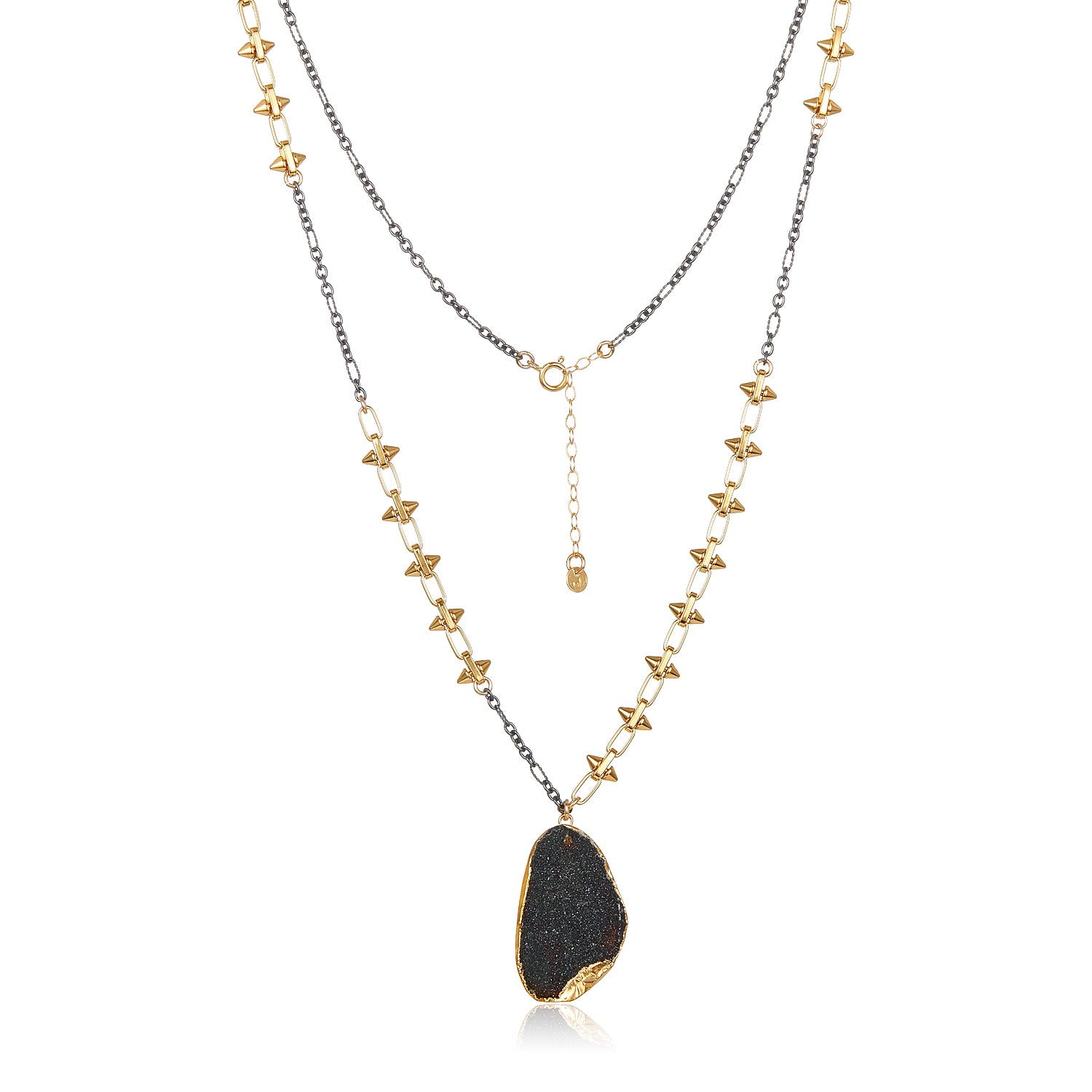 Black Druzy Pendant Spike Chain Mixed Metal Necklace