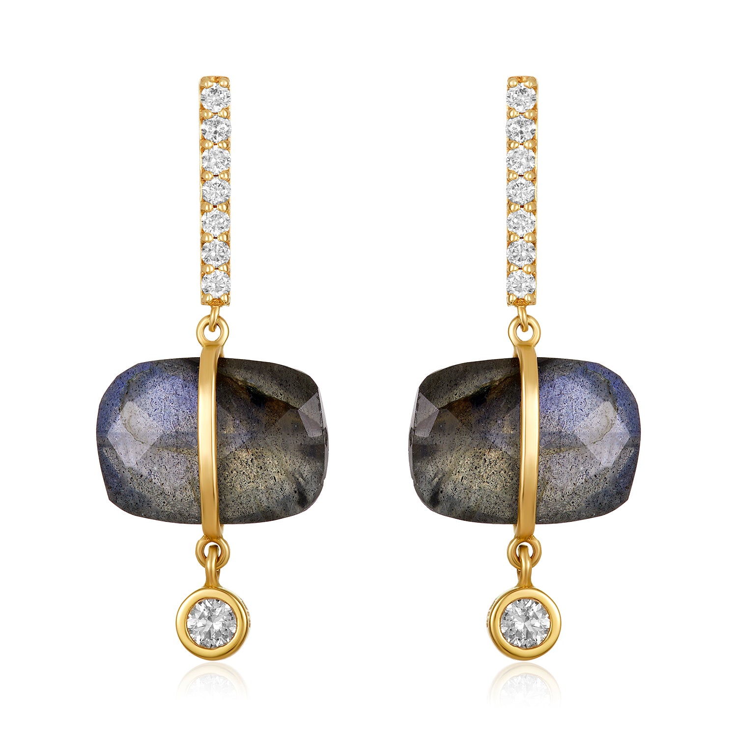 Labradorite Drop Diamond Bar Earrings in 14k