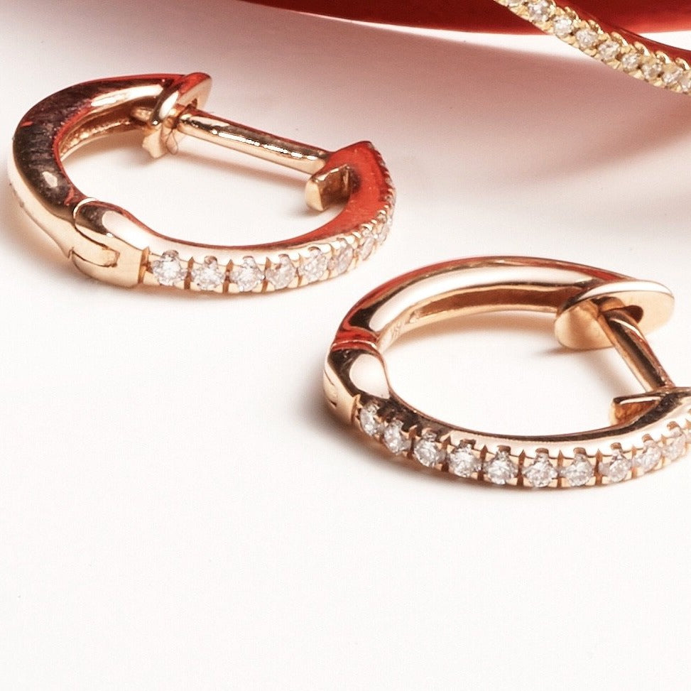 Small Diamond Huggie Thin Hoops 14K