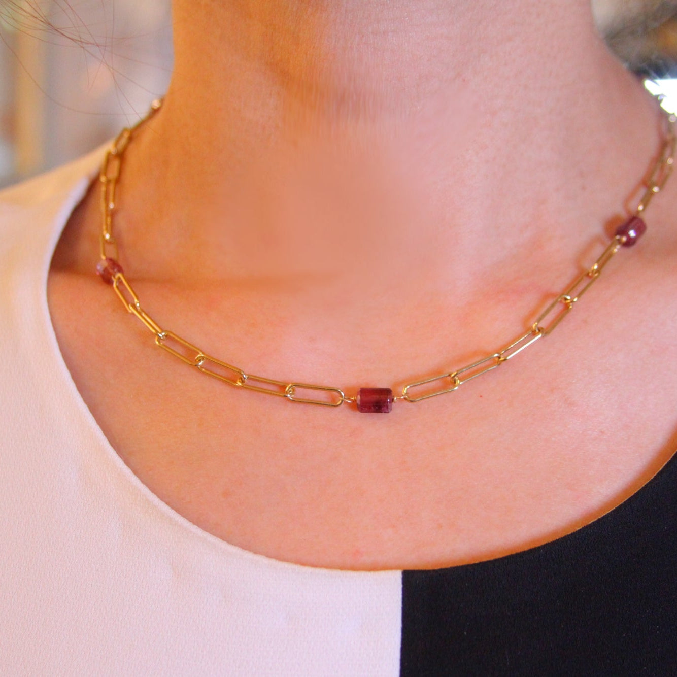 Gem Paperclip Necklace - Aquamarine Or Watermelon Tourmaline