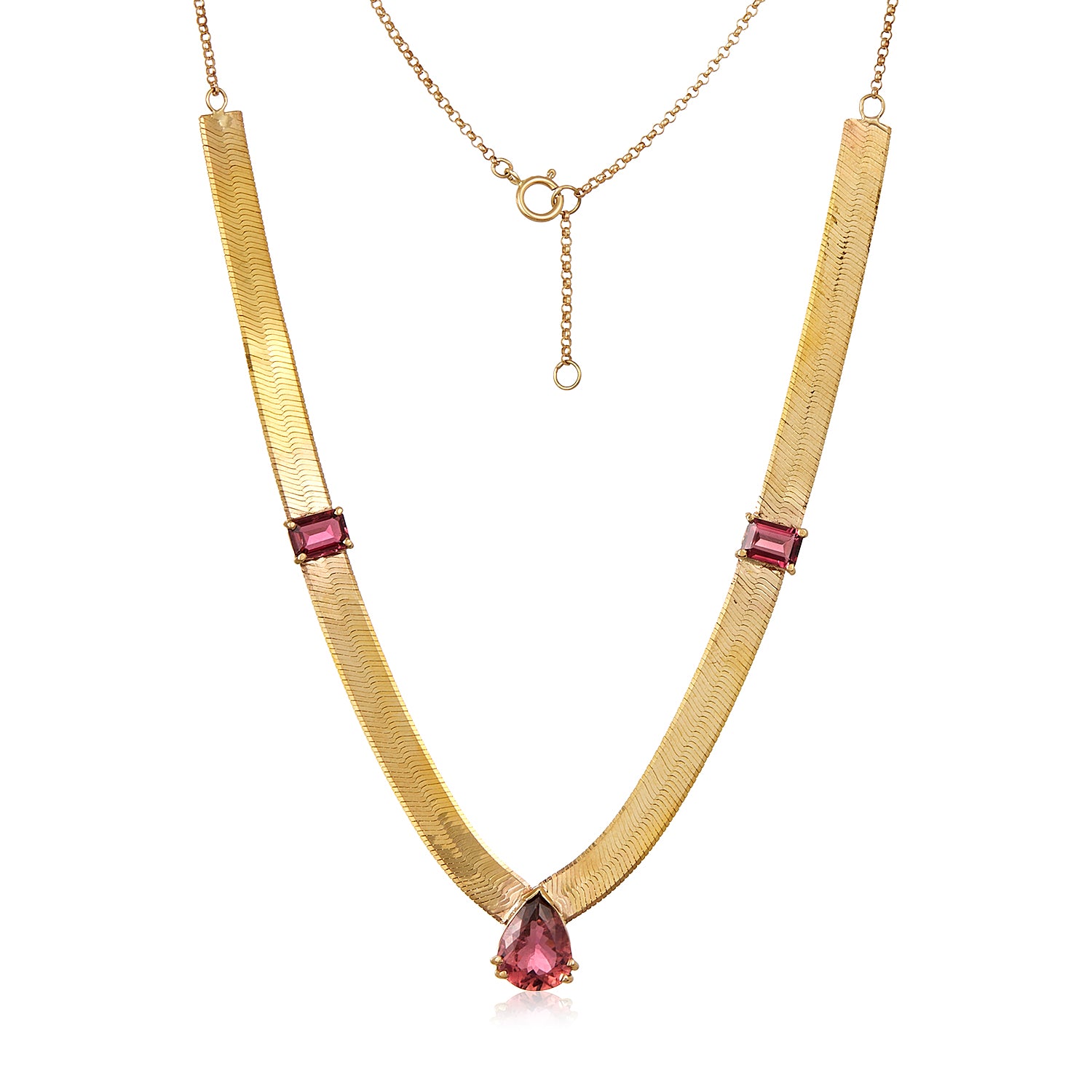 Pink Tourmaline Herringbone Necklace 14k