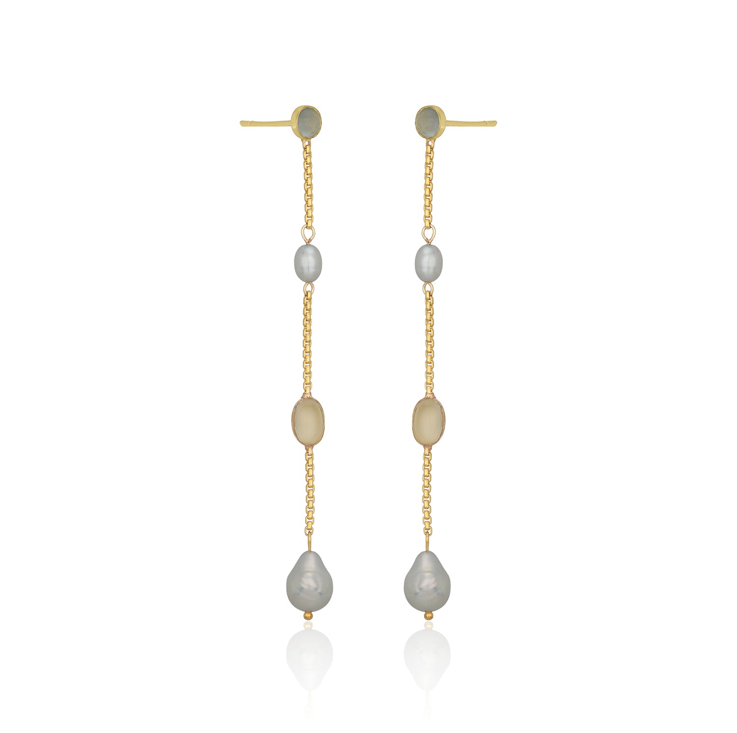 Pearl Mixed Moonstone Trio Link Post Earrings
