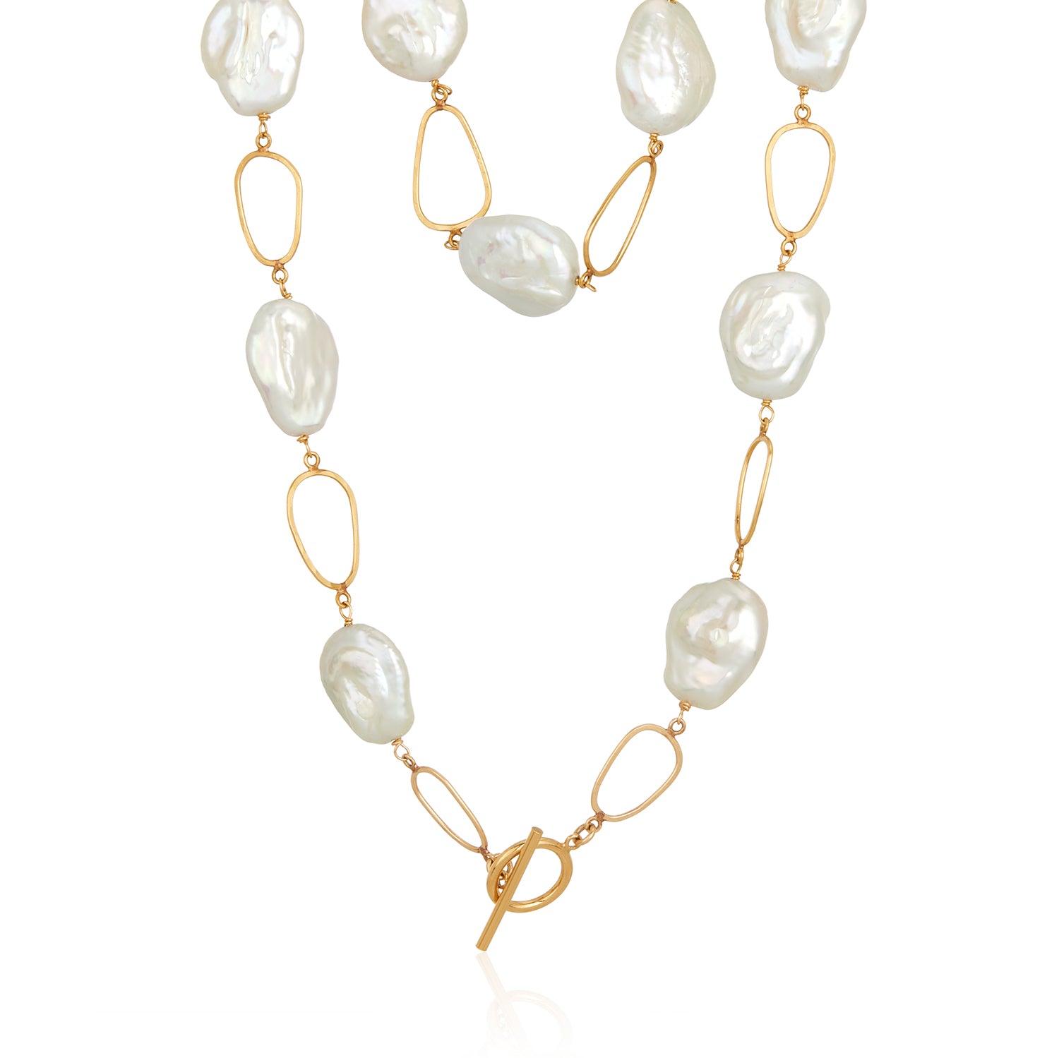 Flat Baroque Pearl Oval Gold Link Necklace