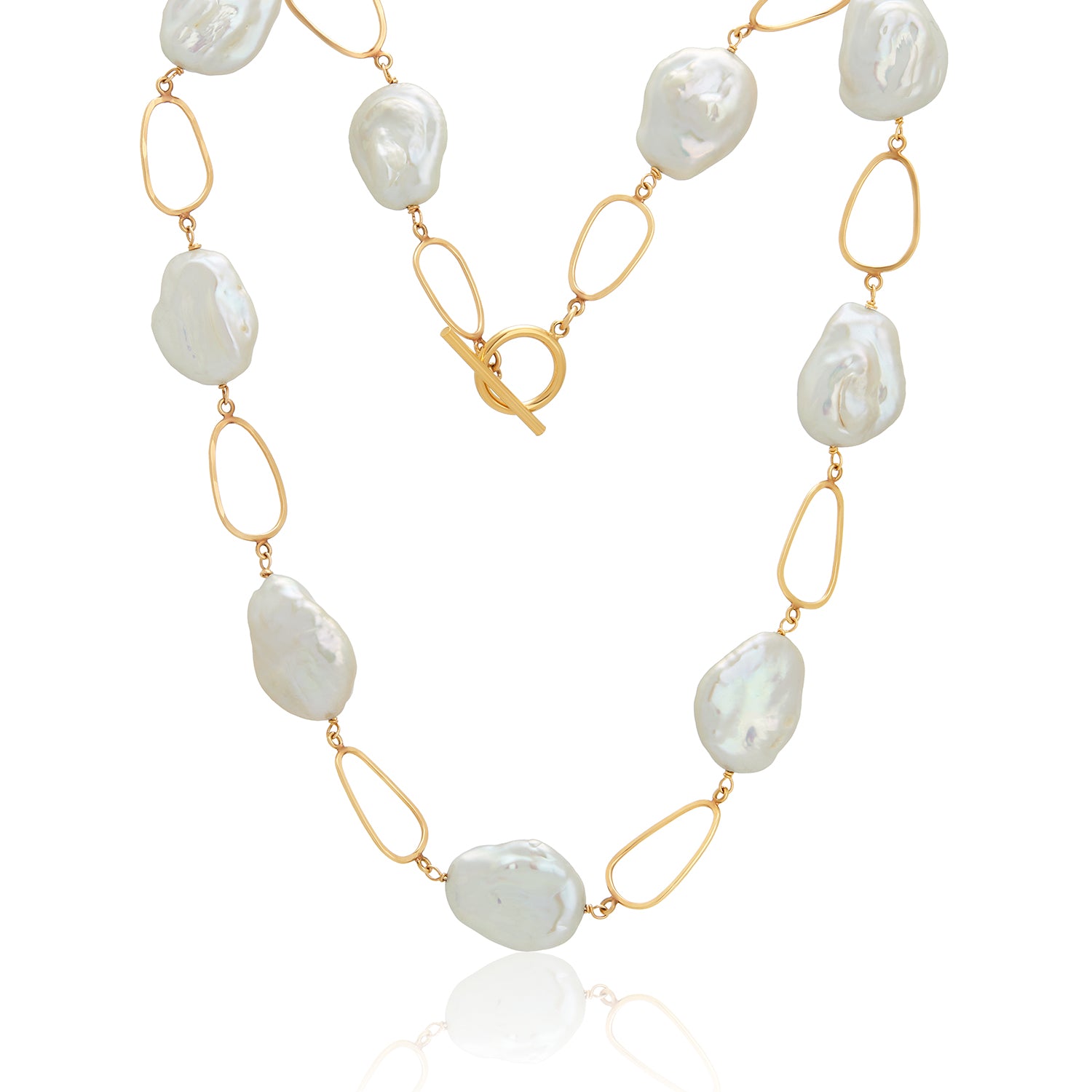 Flat Baroque Pearl Oval Gold Link Necklace