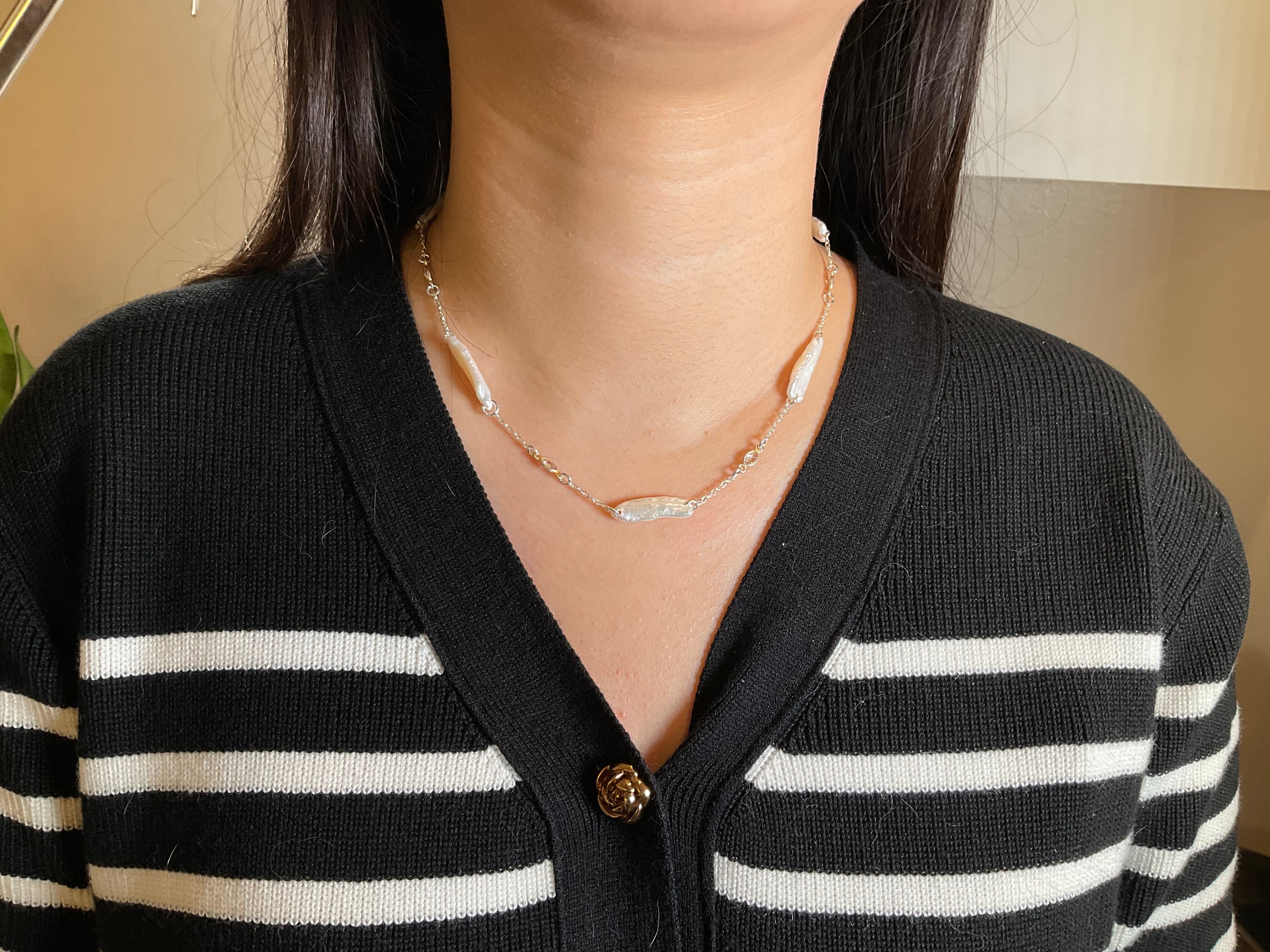 Biwa Pearl and CZ Necklace - Short