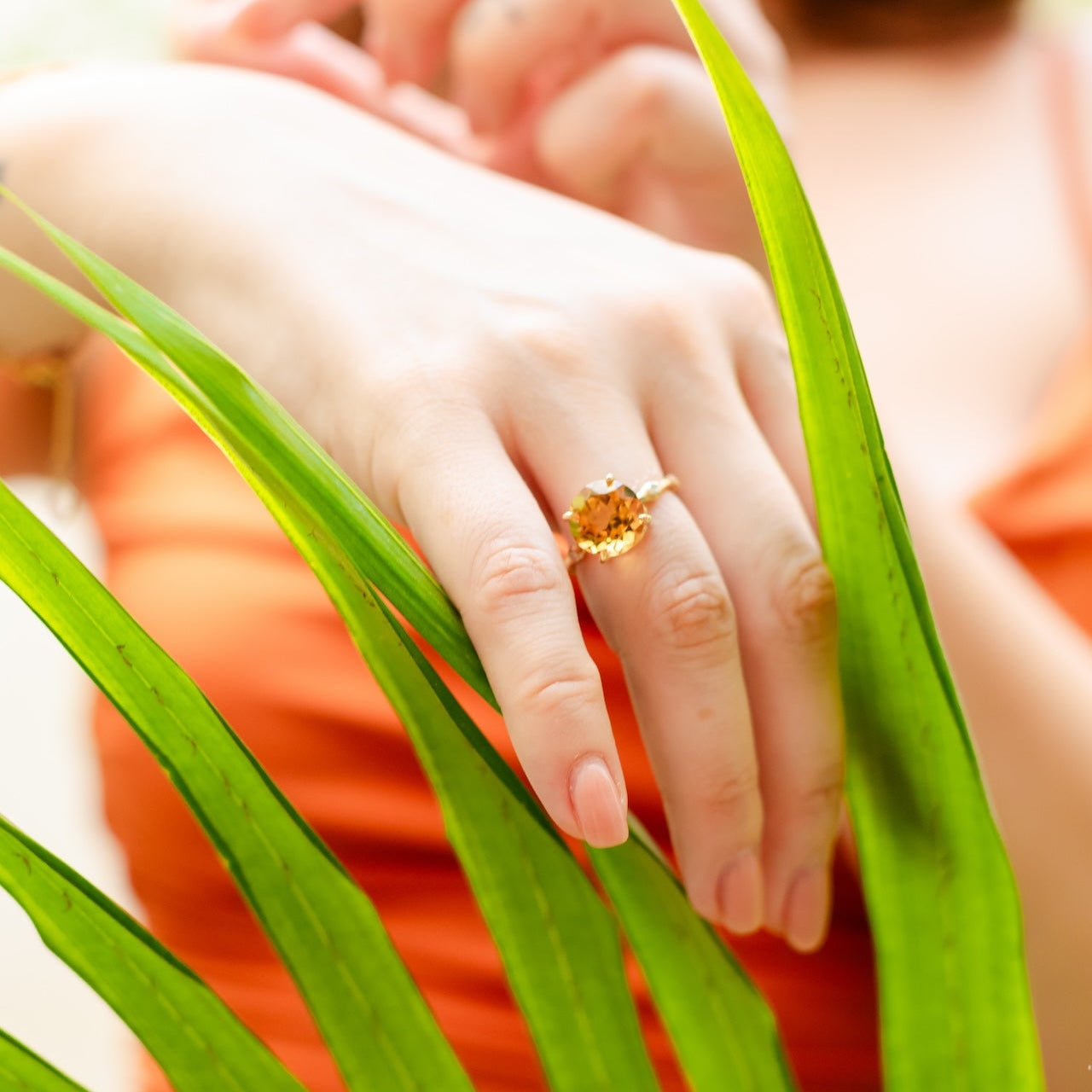 Citrine Bamboo Diamond Ring In 14K