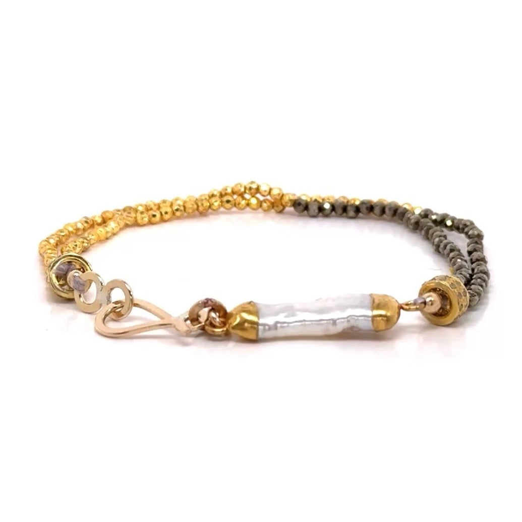 Golden Mixed Pyrite Pearly Bracelet (Long Pearl)