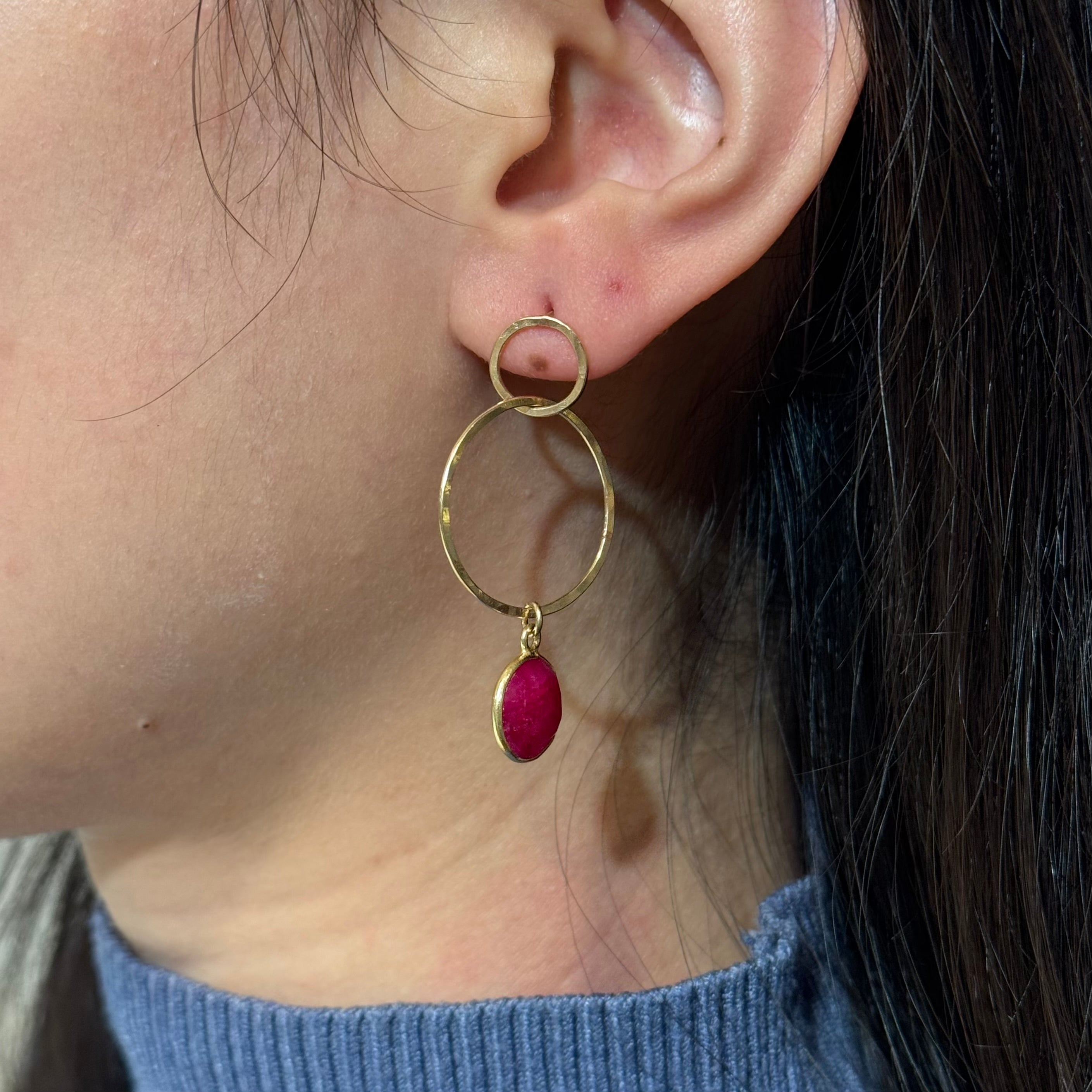 Double Circle Hoops Gem Drop Earrings