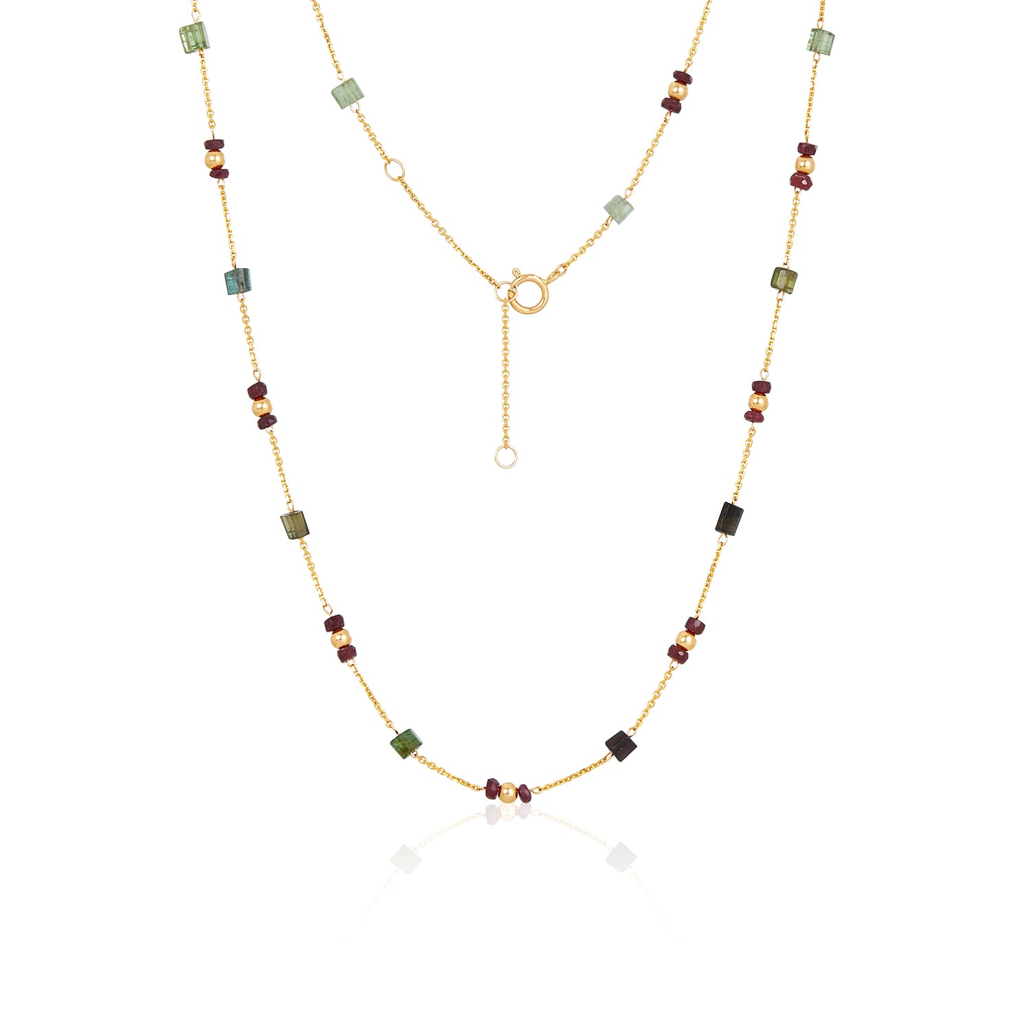 Green Tourmaline Ruby Bead Necklace 14k