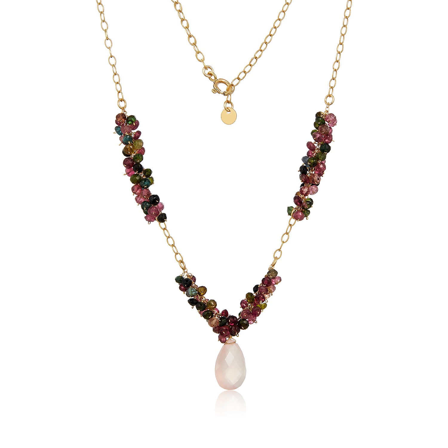 Tourmaline Cluster Necklace With Pink Quartz Drop