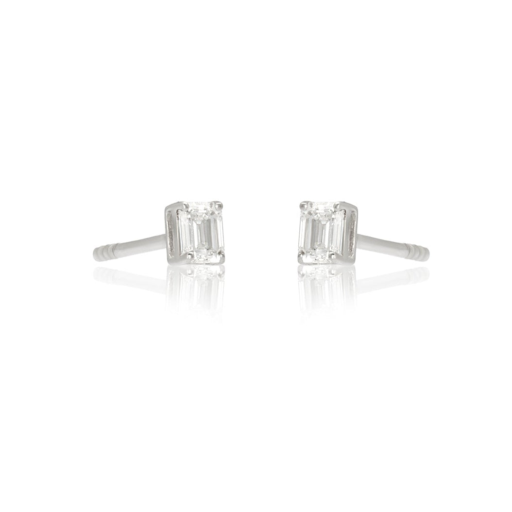 Mini Emerald Cut Diamond Studs 14k White Gold