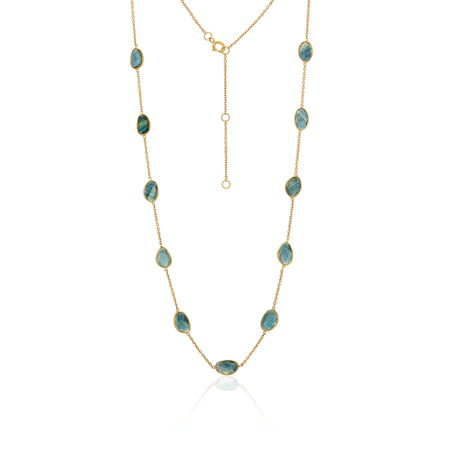 Green Blueish Sapphire Rose Cut Station Necklace-18K