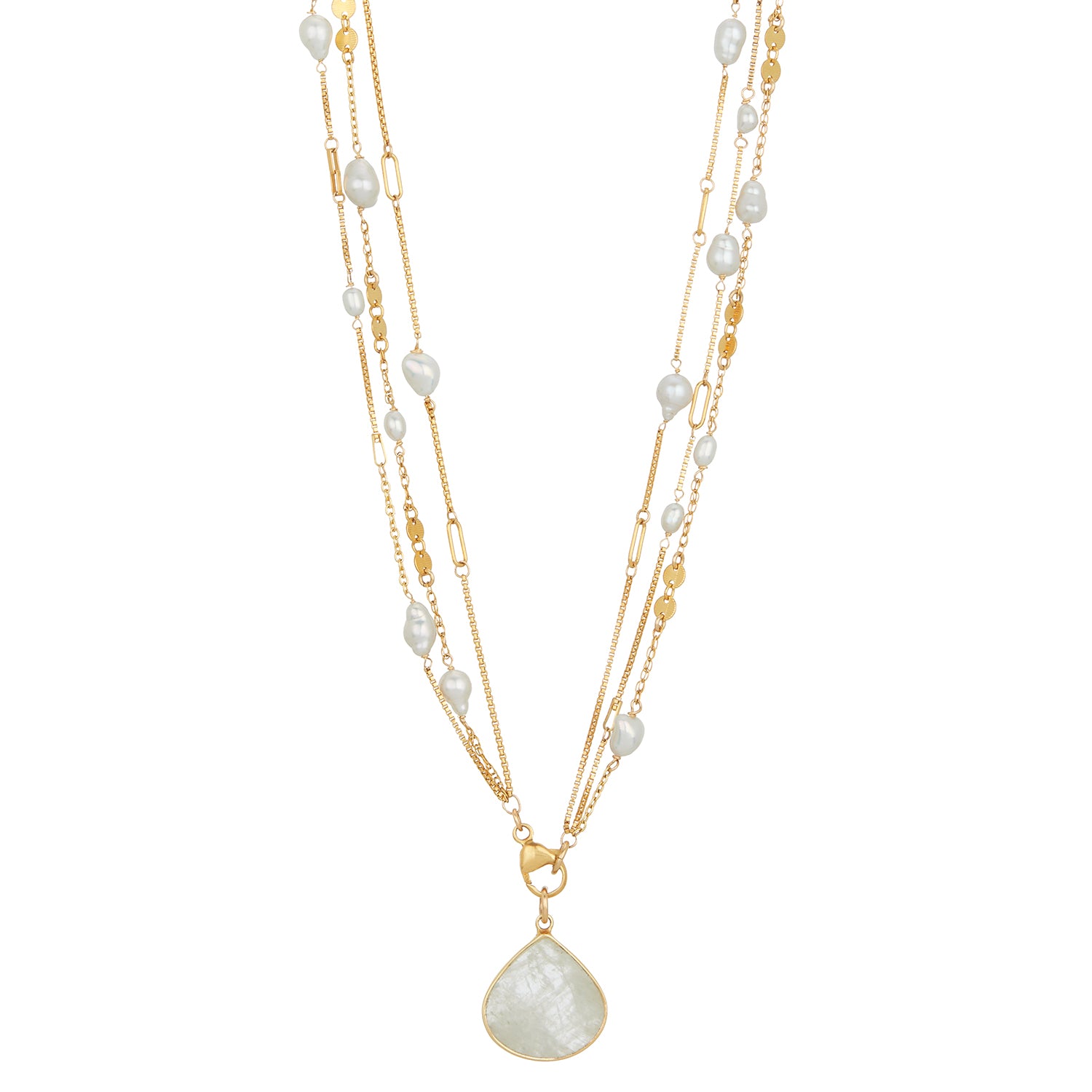 Triple Strand Pearly Necklace With Moonstone Pendant