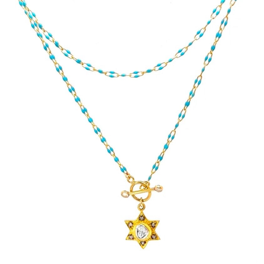 Enamel Turquoise Chain With Diamond Star Pendant