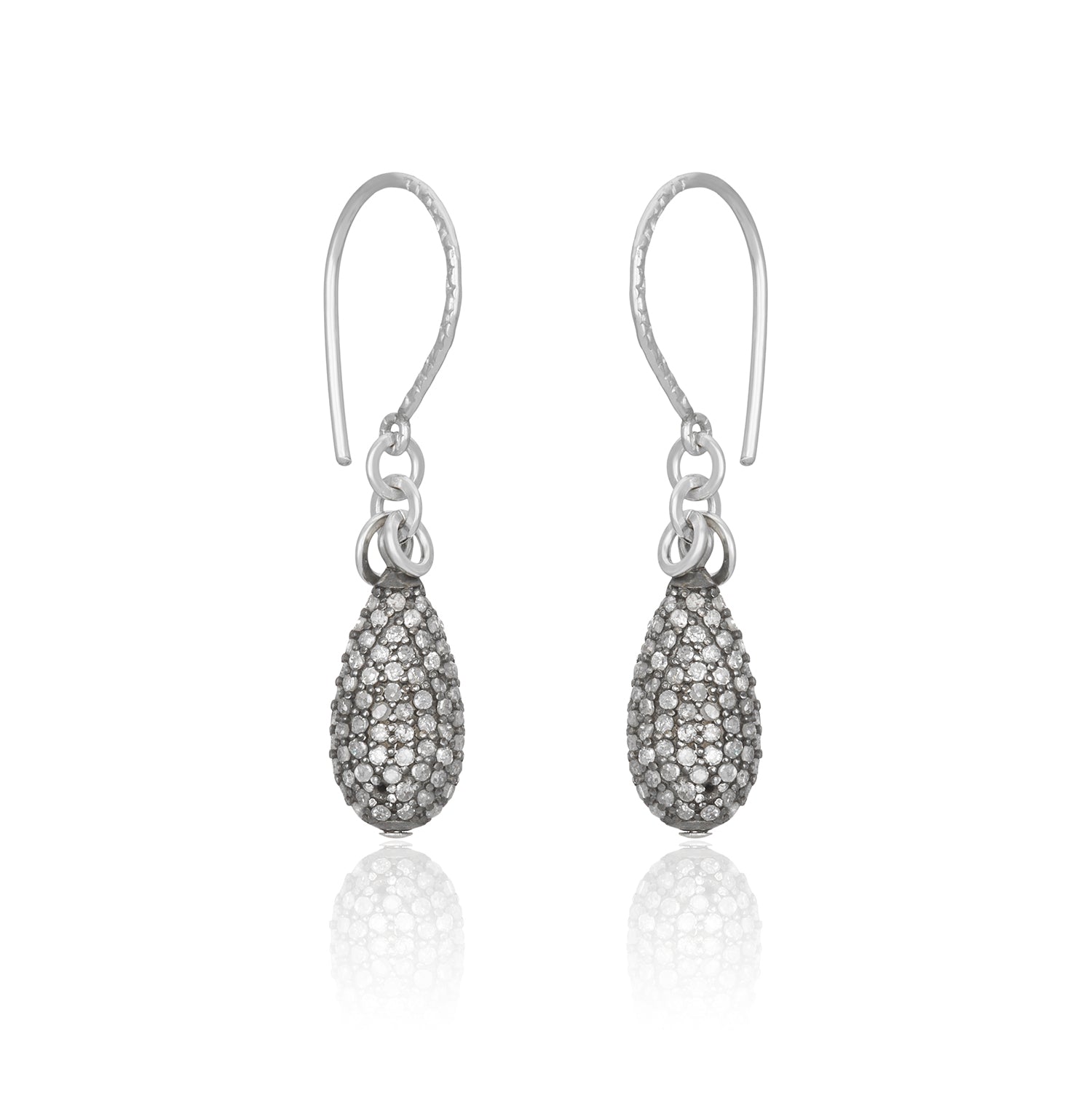 Puffy Pave Diamond Teardrop Ball Silver Earrings