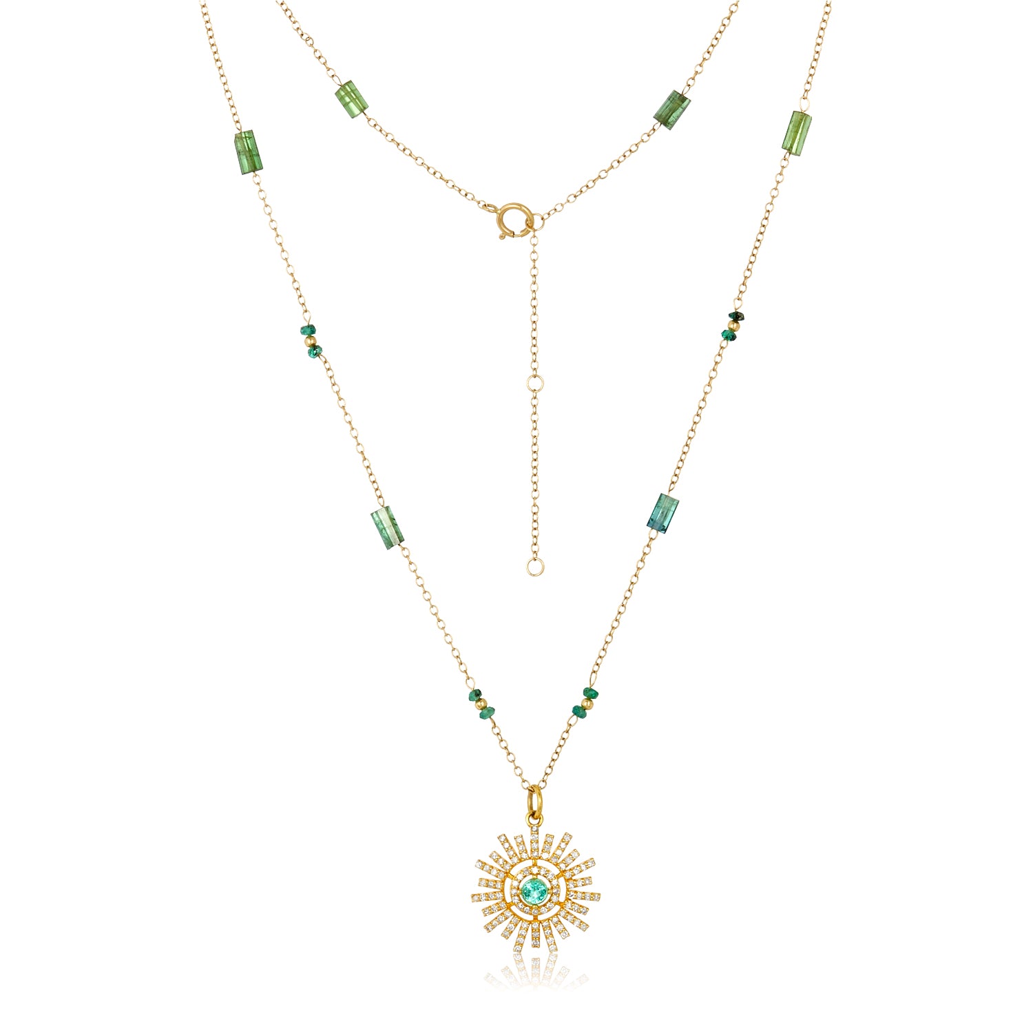 Emerald Sunburst Diamond Pendant Necklace 14k