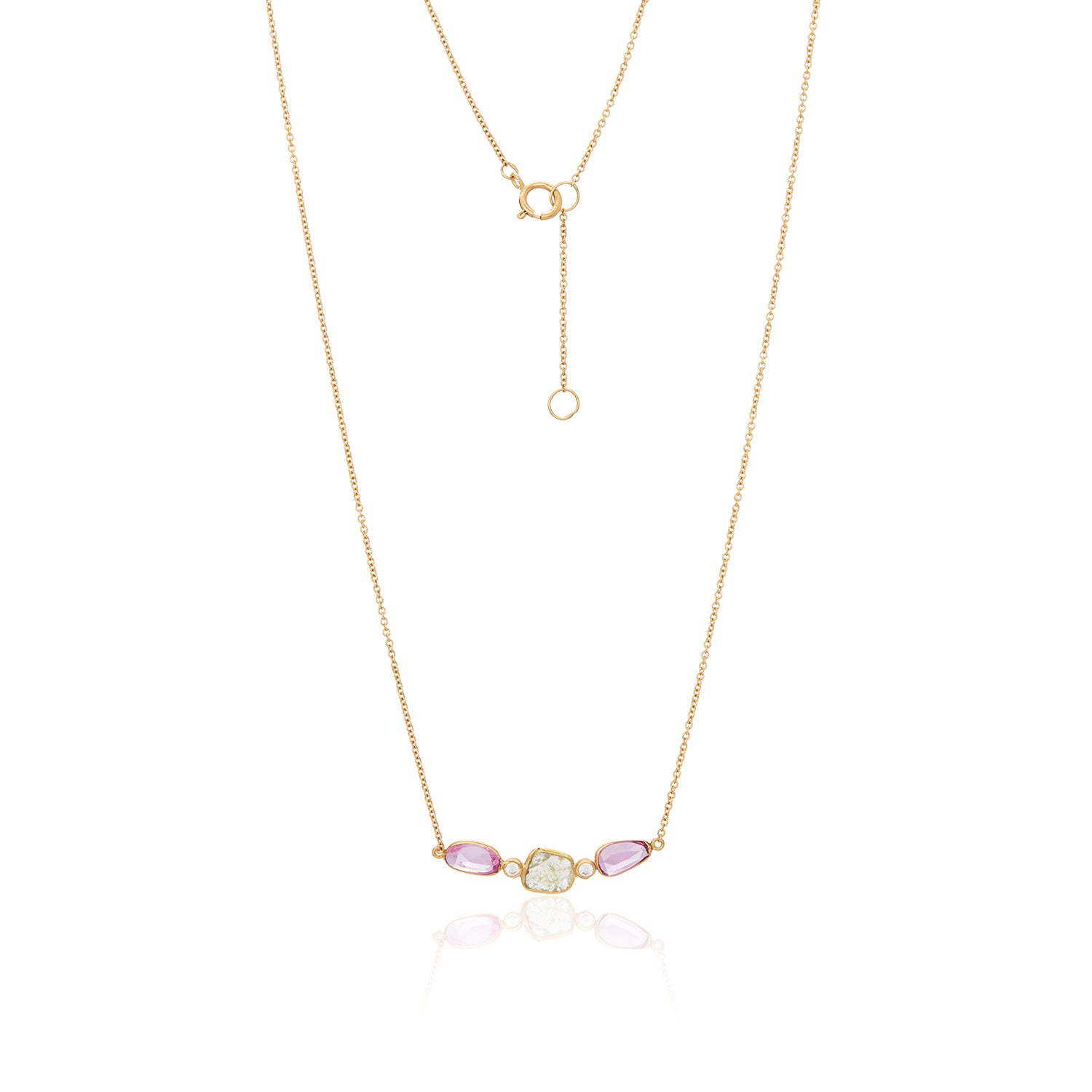 Trio Slice Pink Sapphire  Diamond Row Necklace 14k