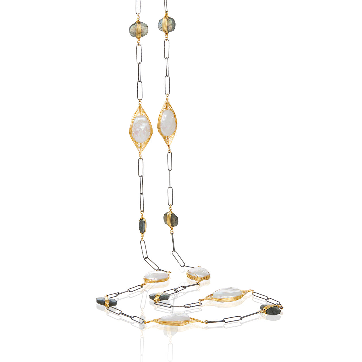 Wired Pearl Labradorite Paperclip Mixed Metal Necklace